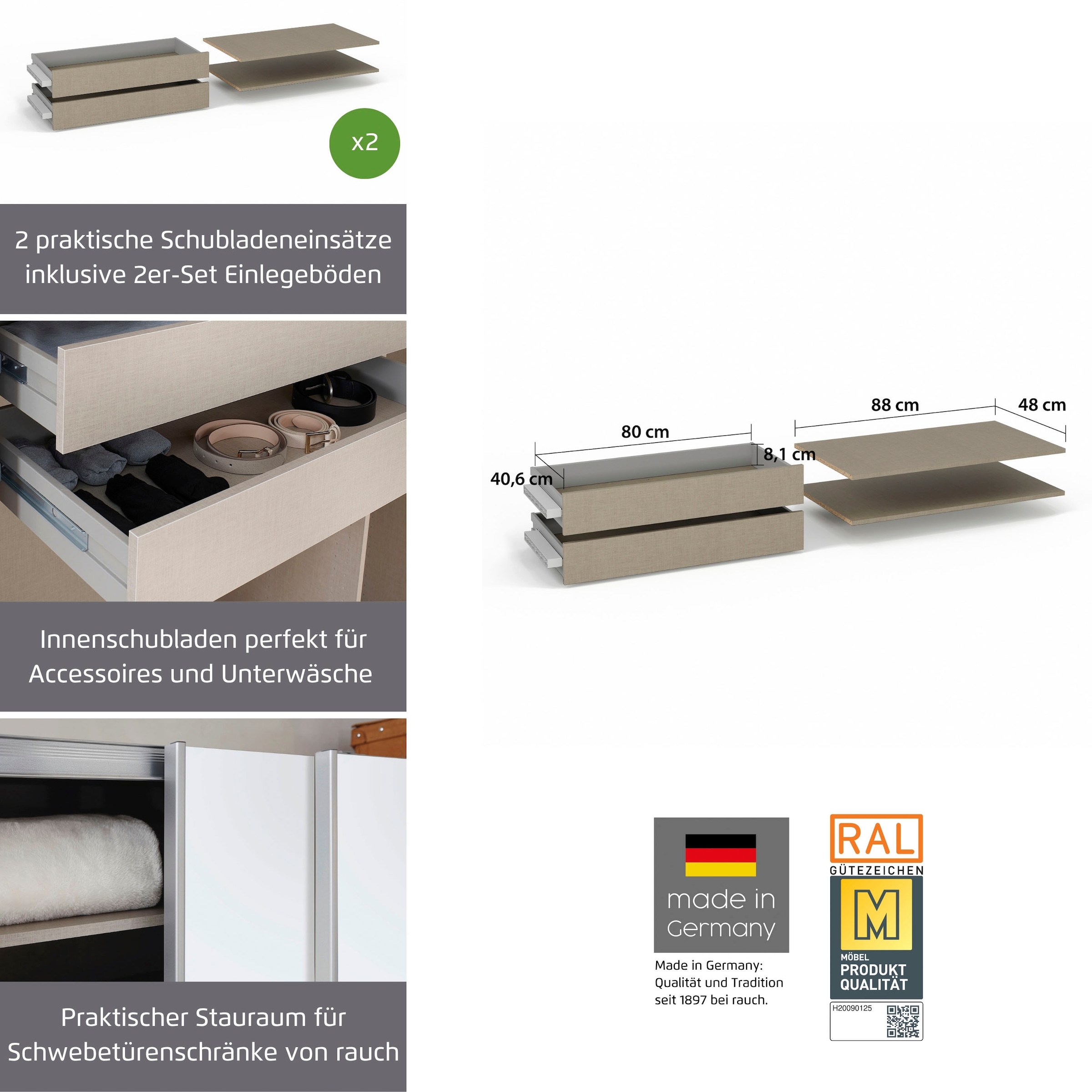 rauch Schubladeneinsatz »Schubkasten Einsatz Zubehör ORANGE/BLUE für Rauch Kleiderschränke« variabel in der Höhe montierbar,  2 Schubladeneinsätze mit 2 Fachböden 88 cm für Schwebetürenschränke