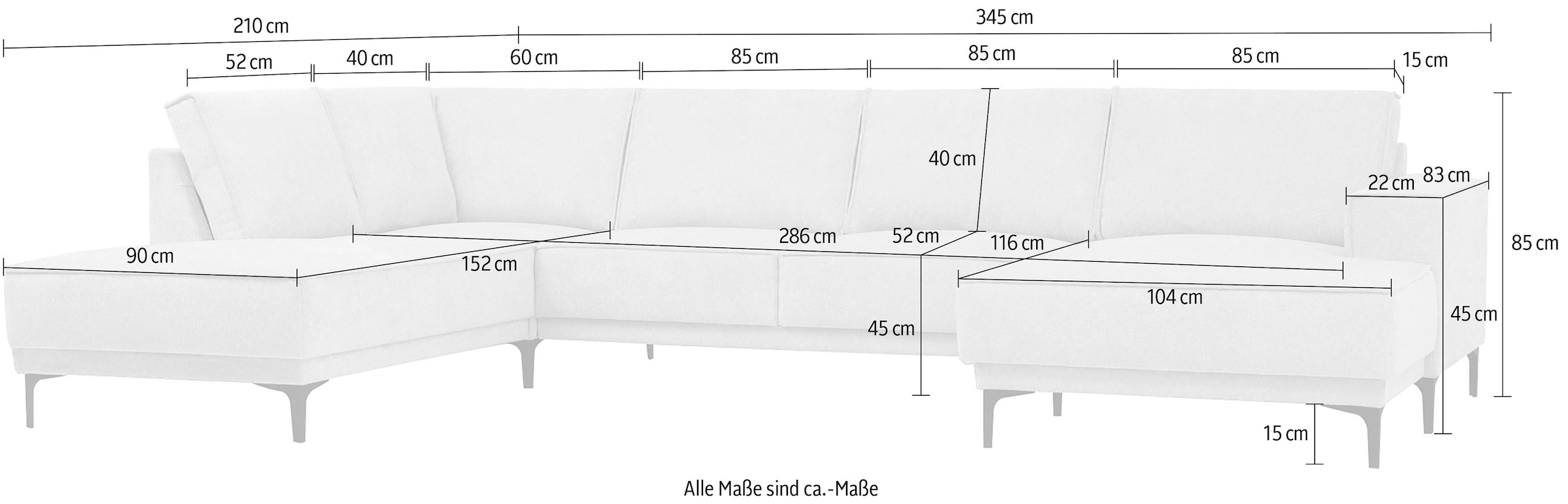 Places of Style Wohnlandschaft »XXL Sofa Oland, Struktur, Flachgewebe, Luxus-Microfaser, Boucle«, U-Form, 345 cm, Wellenunterfederung, Skandi-Design, Metallfüße