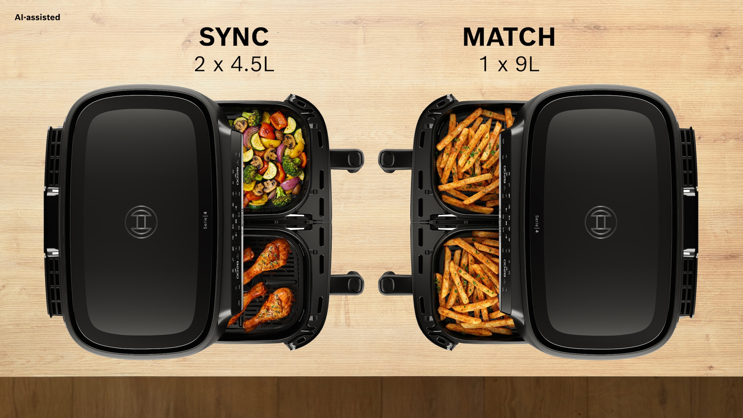 BOSCH Heißluftfritteuse »Airfryer MAFD440B0, 2* 4,5L Kammer, spülmaschinengeeignet, schwarz« 2500 W PFAs frei, einfache Reinigung, 6 voreingestellte Programme