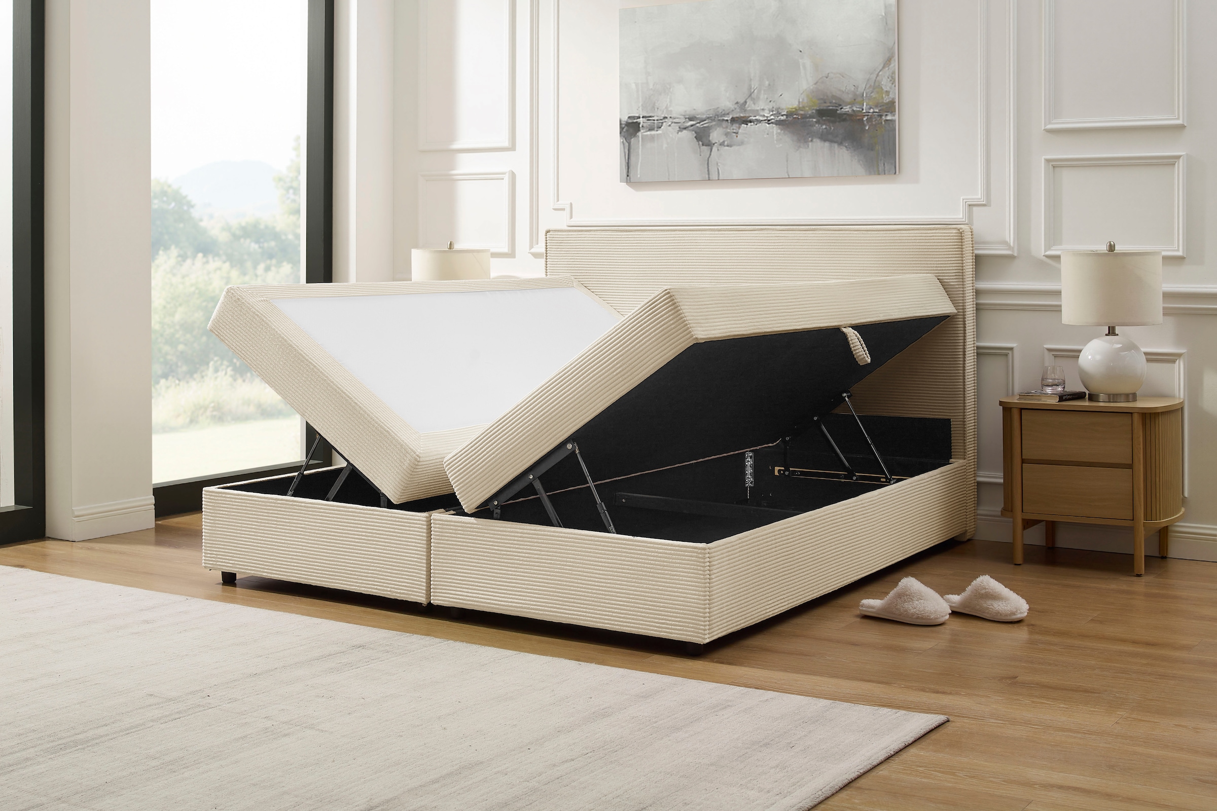 OTTO home Boxbett »Eliaas inkl. Bettkasten und Topper, Liegefläche 180x200cm« erhältlich in hochwertigem Cord-Stoff, inkl. Aufbauvideo