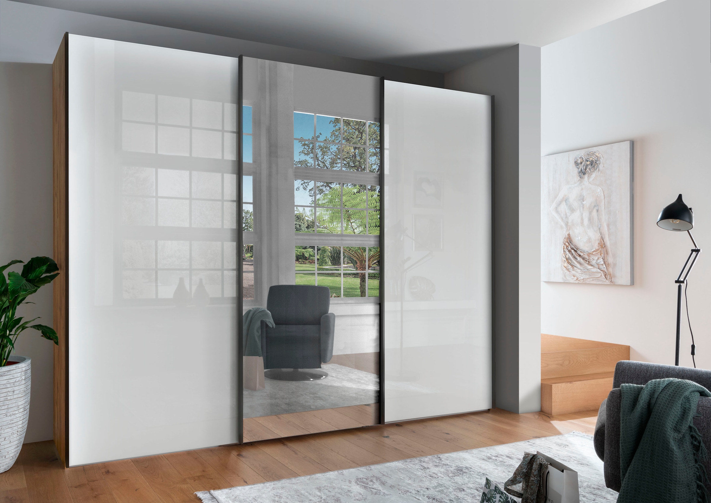 WIEMANN Schwebetürenschrank »Monaco, Kleiderschrank, Schrank, Wäscheschrank, mit Schiebetüren«, (2 Breiten, 2 Höhen 216/236 cm auswählbar, MADE IN GERMANY), hochwertige Glas- und Spiegelfront, variable Inneneinteilung