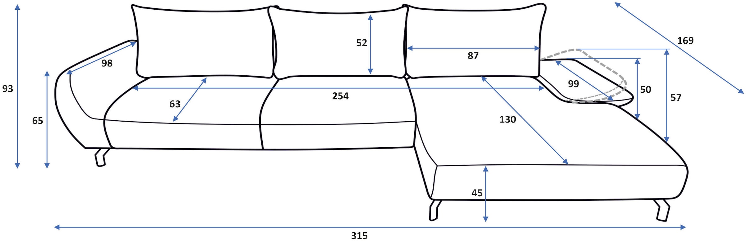 OTTO home Ecksofa »KELLIE, L-Form, 315 cm, verstellbare Armlehne, Metallfüße,« wahlweise Recamiere links o. rechts, Chenille-Stoff, hoher Sitzkomfort