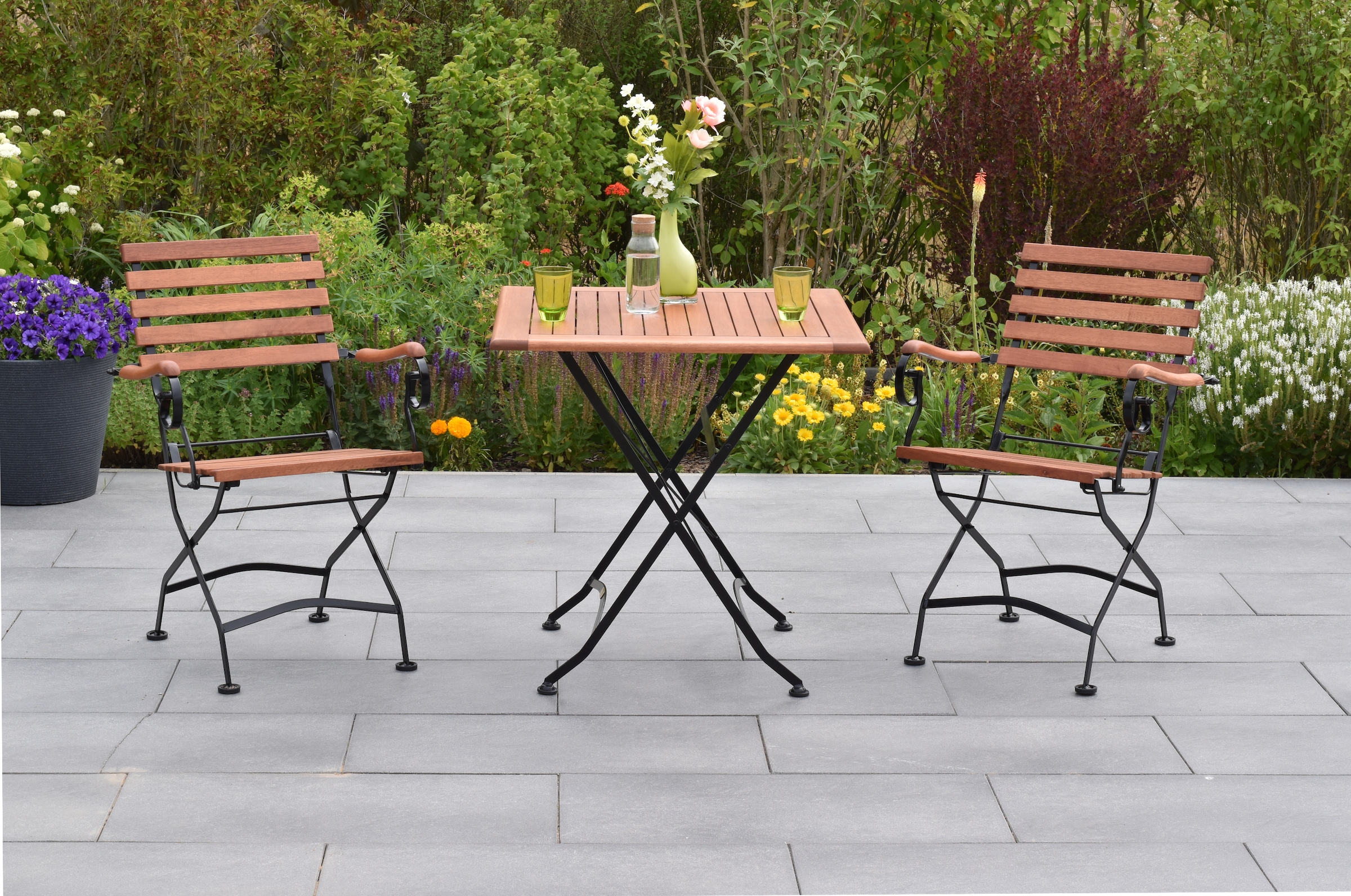 MERXX Garten-Essgruppe »»Schlossgarten««, (Set, 3 tlg., Geöltes Eukalyptusholz), Tisch klappbar: LxB: 75x75 cm