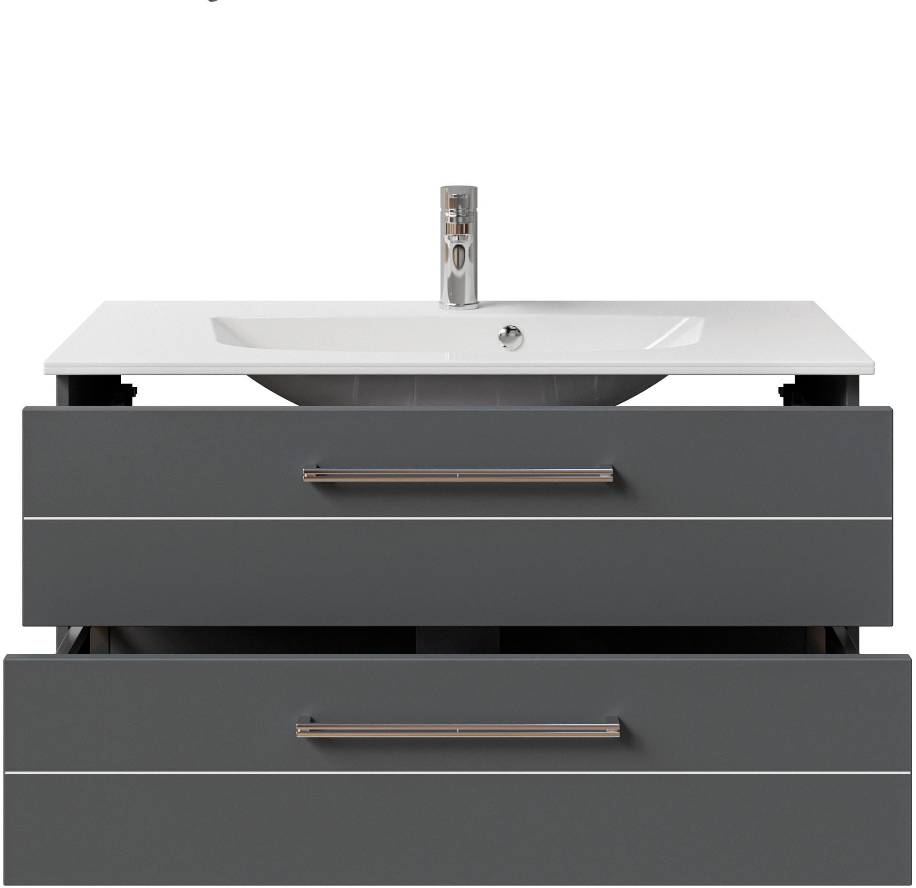 Saphir Badmöbel-Set »Serie 6025 2-teilig Mineralmarmor-Waschtisch mit LED-Spiegelschrank«, (2 St.), Waschplatz 97 cm breit, 2 Schubladen, 3 Spiegel-Türen, inkl Türdämpfer