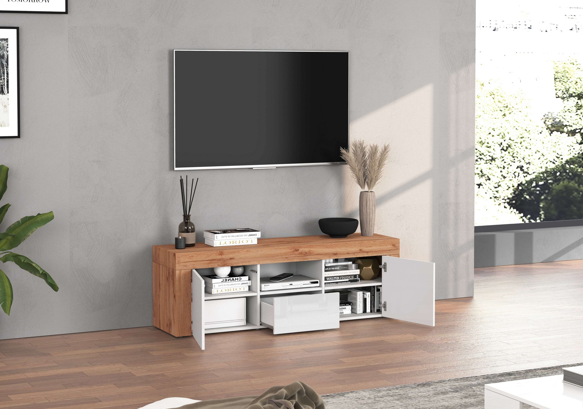 INOSIGN Lowboard »CHRONOS Breite 155 cm mit 2 Türen, 1 Schublade,1 offenes Fach«, (1 St.), TV-Board, Sideboard niedrig, Grifflos mit Push to Open 'Made in Italy'