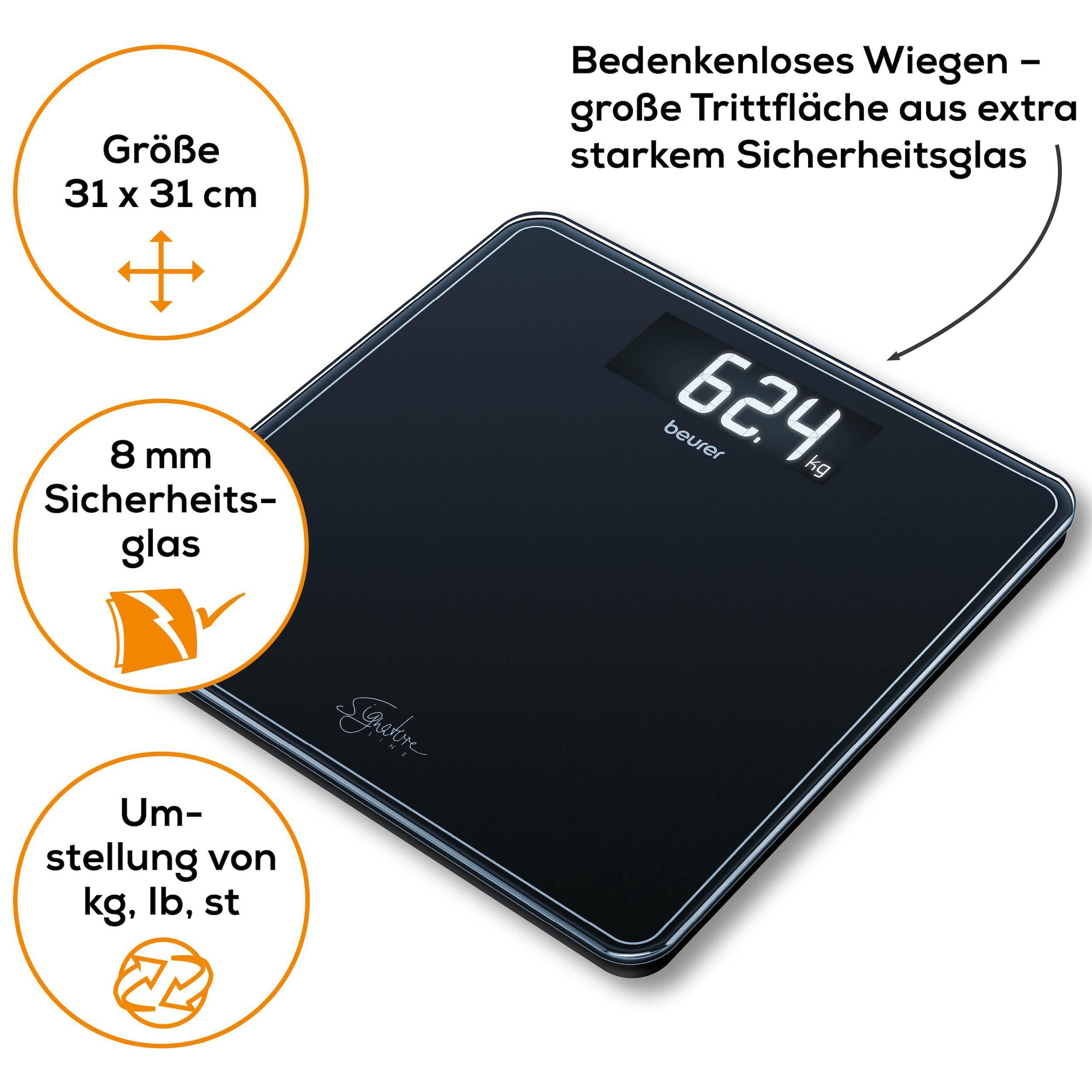 BEURER Personenwaage »GS 400, große Trittfläche mit 8 mm weißem Sicherheitsglas«, XL-Display, Tragkraft bis 200 kg und praktische Einschaltautomatik