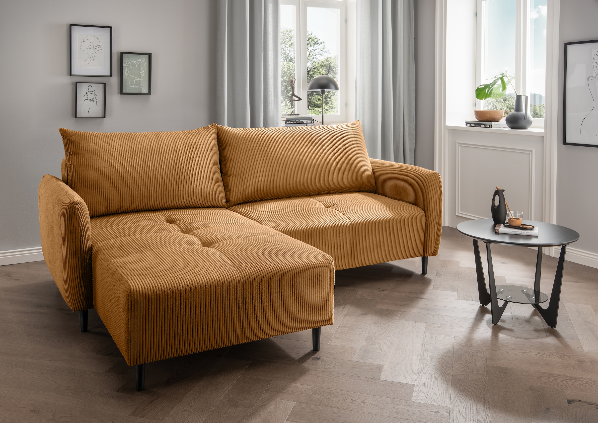 INOSIGN Ecksofa »Mara, L-Form, aktueller Cord Bezug und tolle Farben, schmale Armlehnen«, whlw. mit Bettfunktion,Recamiere links/rechts montierbar, Breite 238cm
