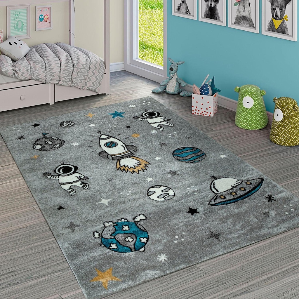 Paco Home Kinderteppich »Diamond 100«, rechteckig, 3D-Design, Motiv Weltraum, Rakete & Astronaut, Kinderzimmer