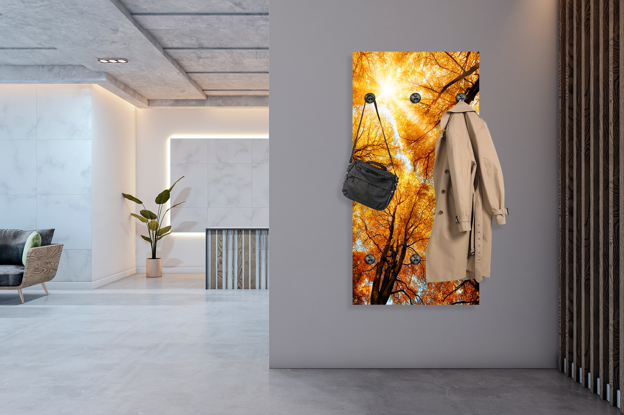 queence Wandgarderobe »Herbst Sonnenaufgang im Wald« 1 Stk. tlg. Wandpaneel aus Acrylglas inkl. 6 Edelstahlhaken in schwarz matt