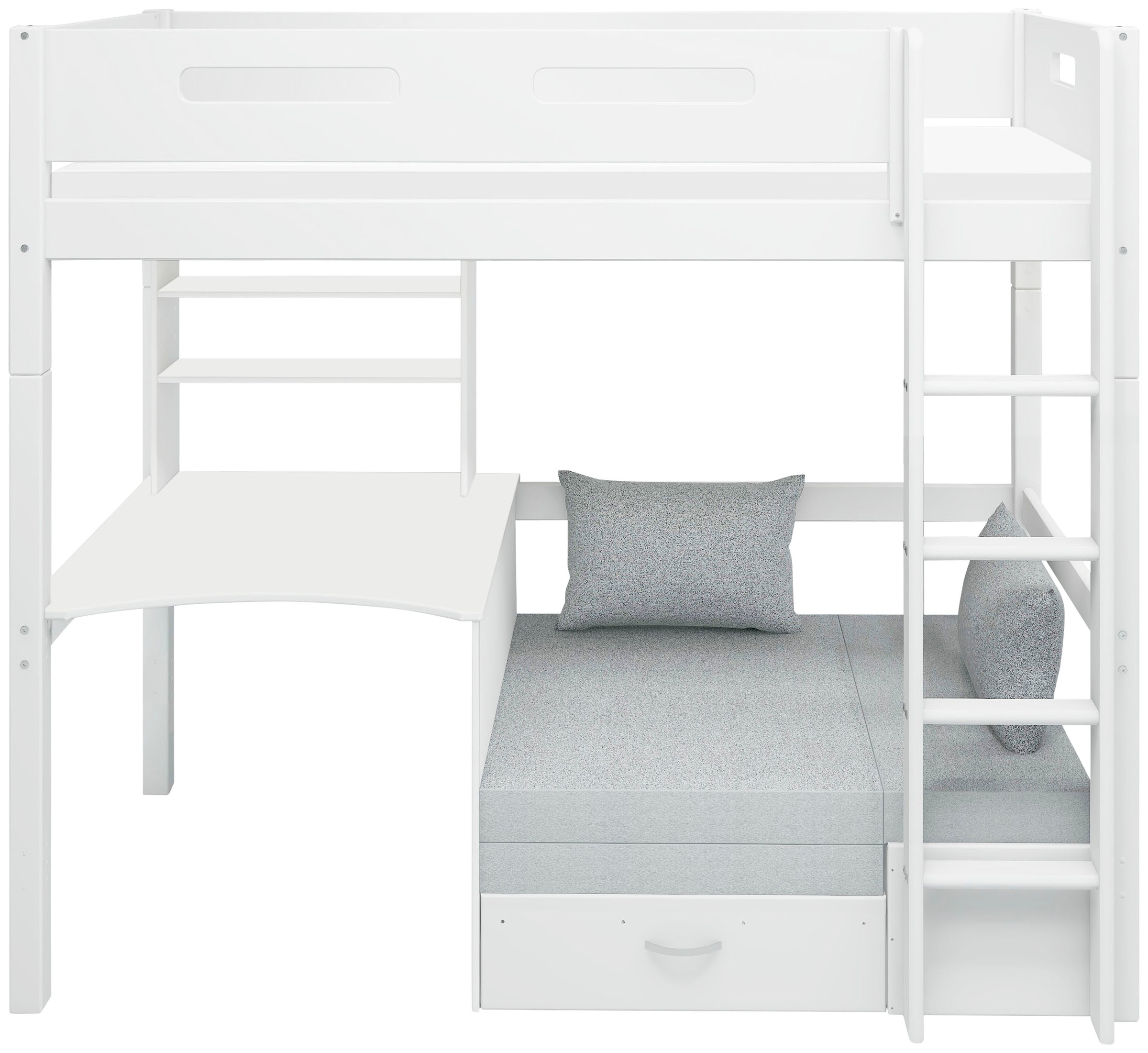 Hochbett “ Nordic“, produziert by Flexa,Umbaubar in Einzelbett, incl Rollrost, weiß Breite Absturzsicherung vorne in MDF-Sofabett incl.Matratze und 2 Kissen-Schreibtisch und Regal