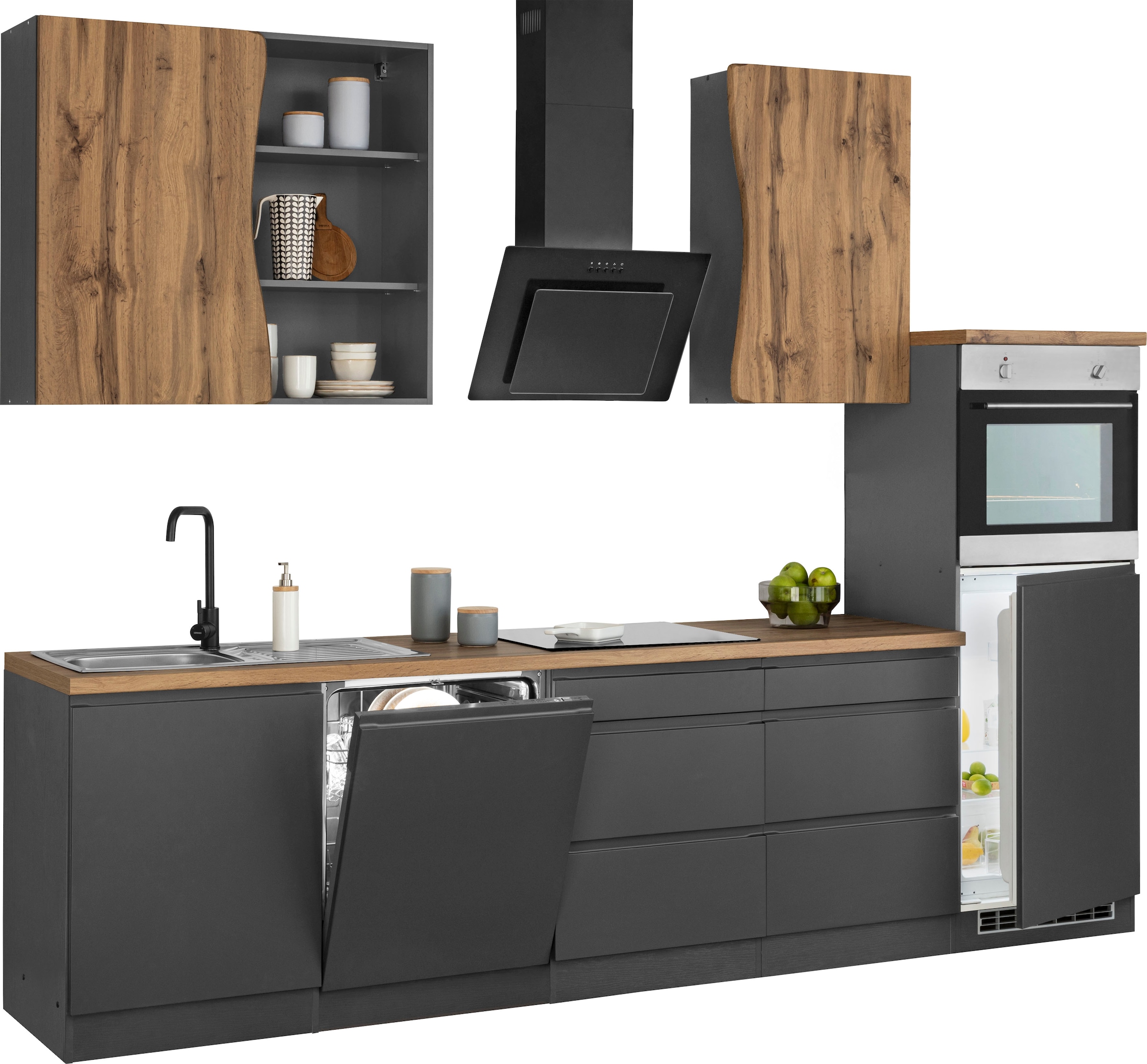 KOCHSTATION Küchenzeile »KS-Bruneck«, 300 cm breit, Ceran-oder Induktionskochfeld, hochwertige MDF-Fronten