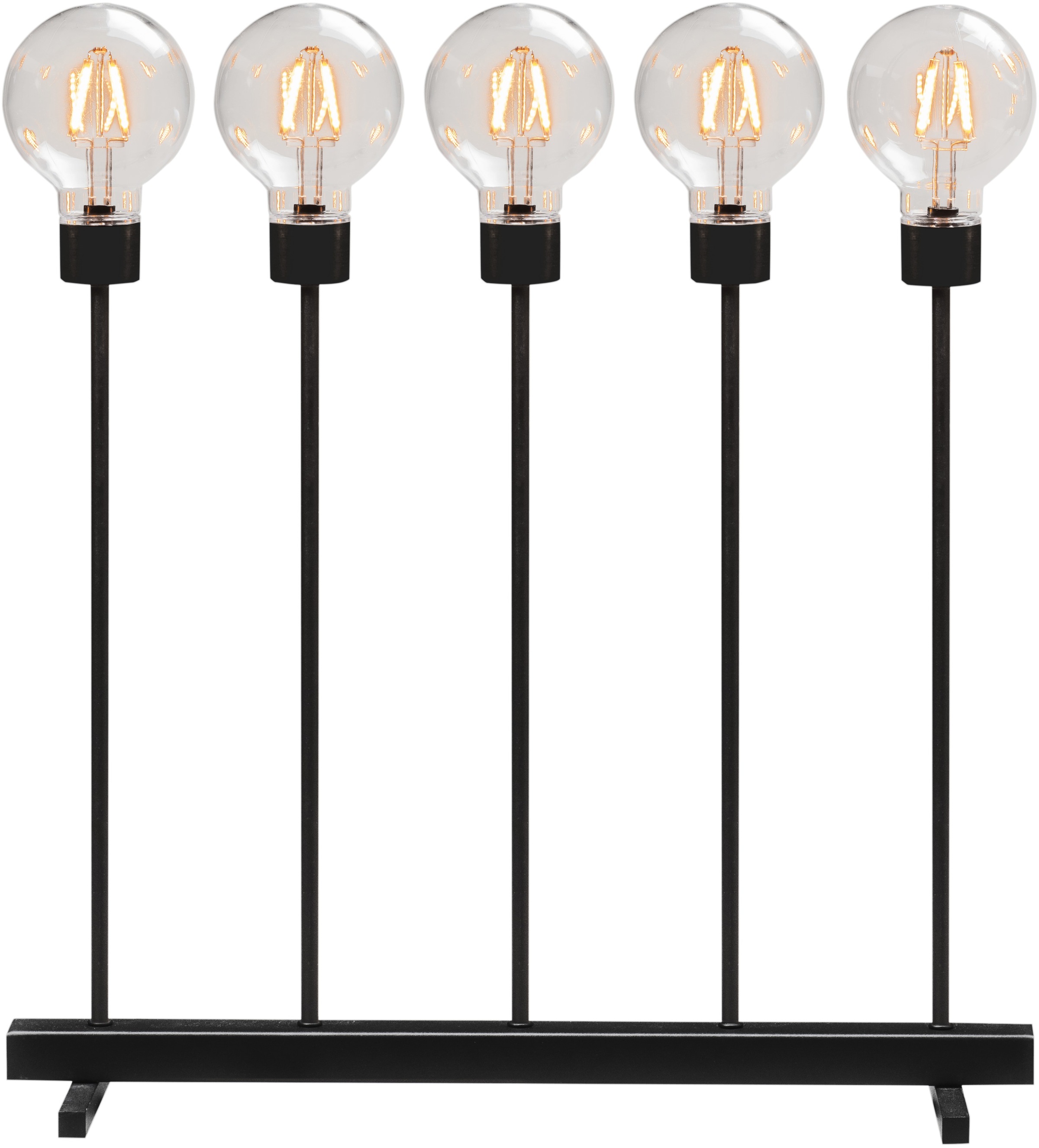 KONSTSMIDE LED Fensterleuchter, 5 flammig, Leuchtmittel LED-Modul | LED wechselbar, LED Metallleuchter, schwarz, 5 runde Globes, 10 bernsteinfb. Dioden