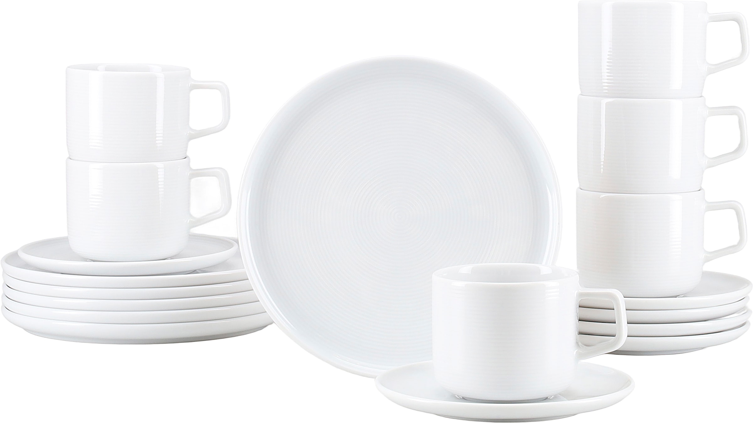 CreaTable Kaffeeservice »Session, Service, 18-tlg.« Teller ohne Fahne mit großem Spiegel, Elegantes Rillenrelief