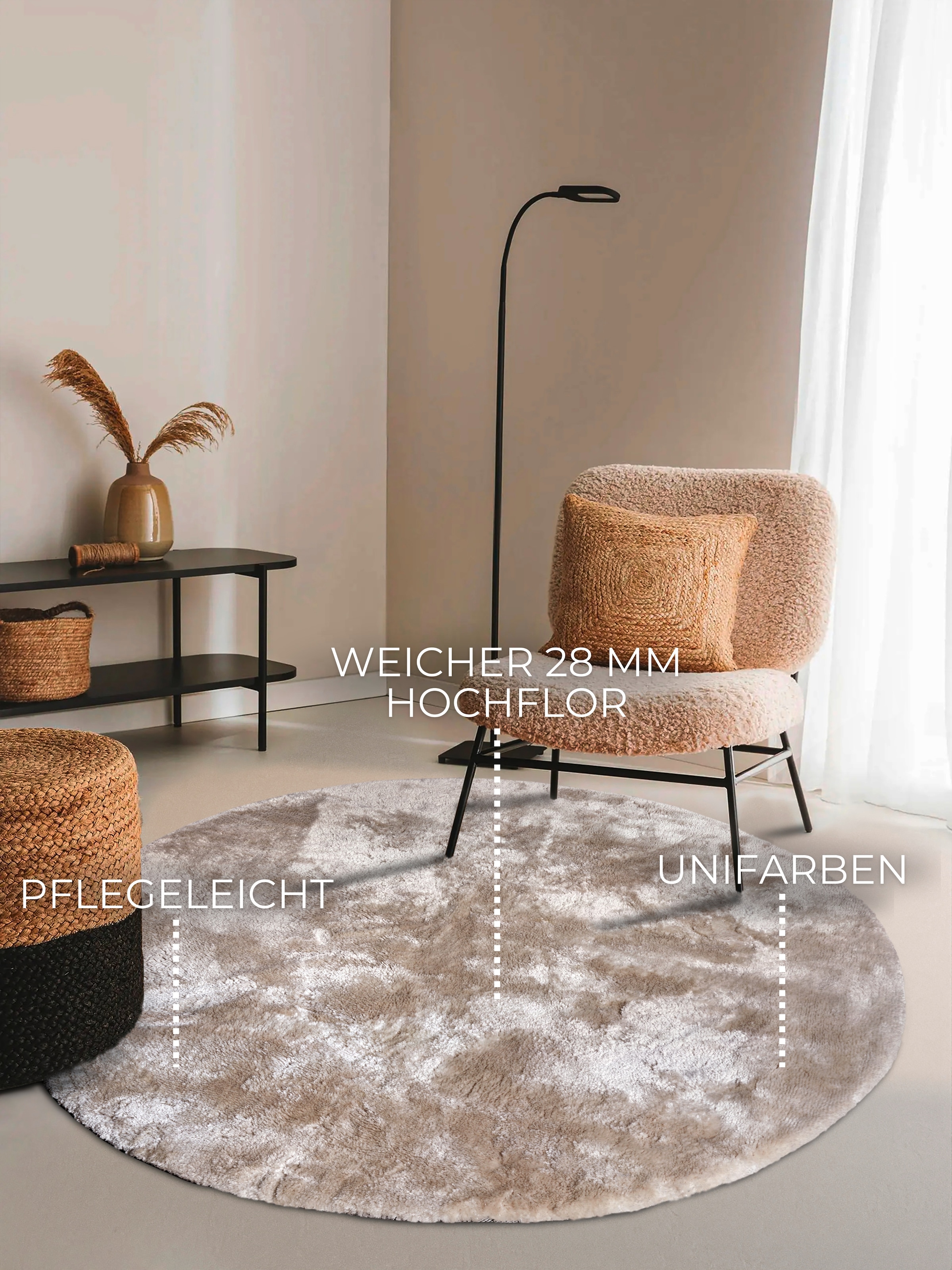 ELLE DECORATION Hochflor-Teppich »Calida«, rund, 28 mm Höhe, Langflor, Shaggy, einfarbig, flauschig, weich, glänzend, modern, uni