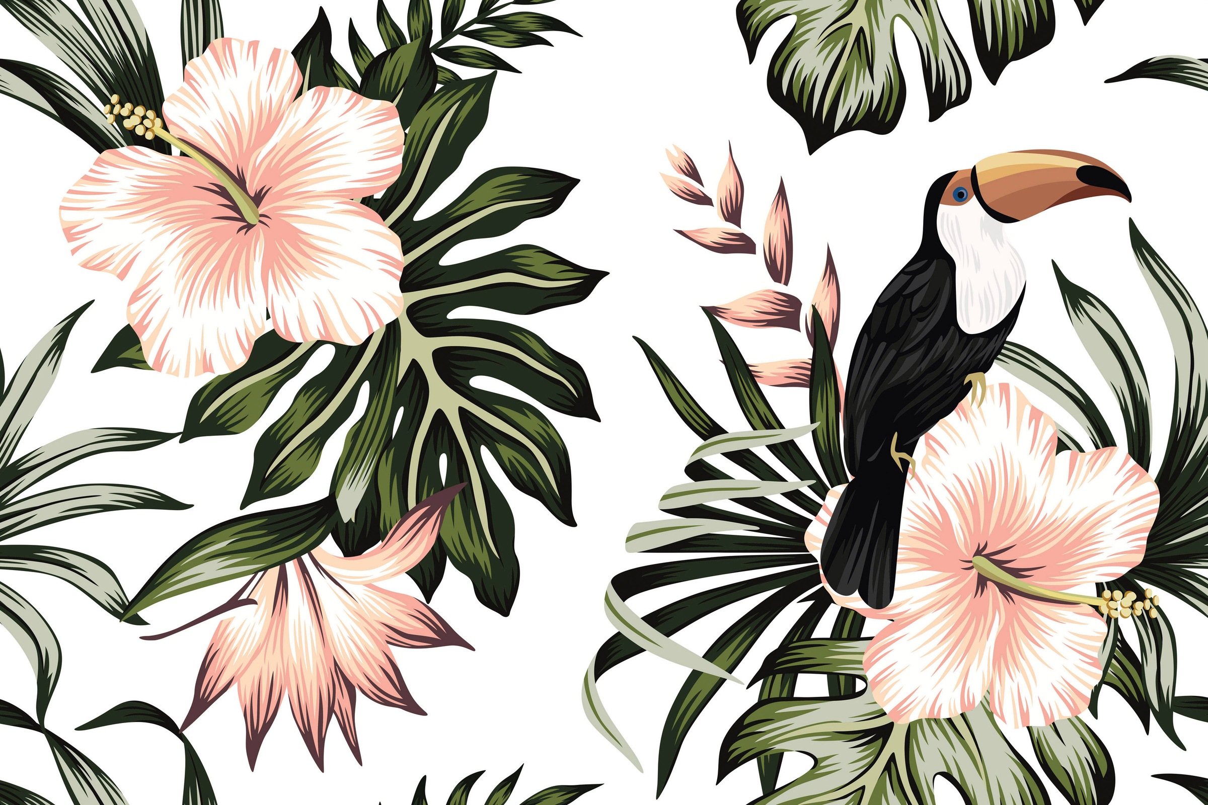 A.S. Création Leinwandbild »Toucan«, Kunst-Blumen-Kinder, (1 St.), Palmenblätter Hibiskus Dschungel Keilrahmen Leinwand-Bild Wohnzimmer