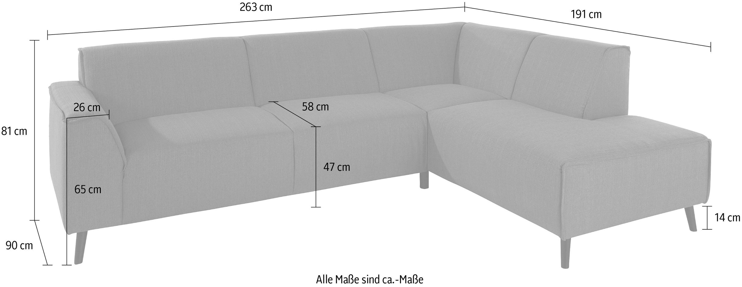 DOMO collection Ecksofa »Amora, inklusive komfortablem Federkern für mehr Sitzkomfort, L-Form«, mit Ottomane, elegant und zeitlos, bequem, Komfortsitzhöhe 47cm