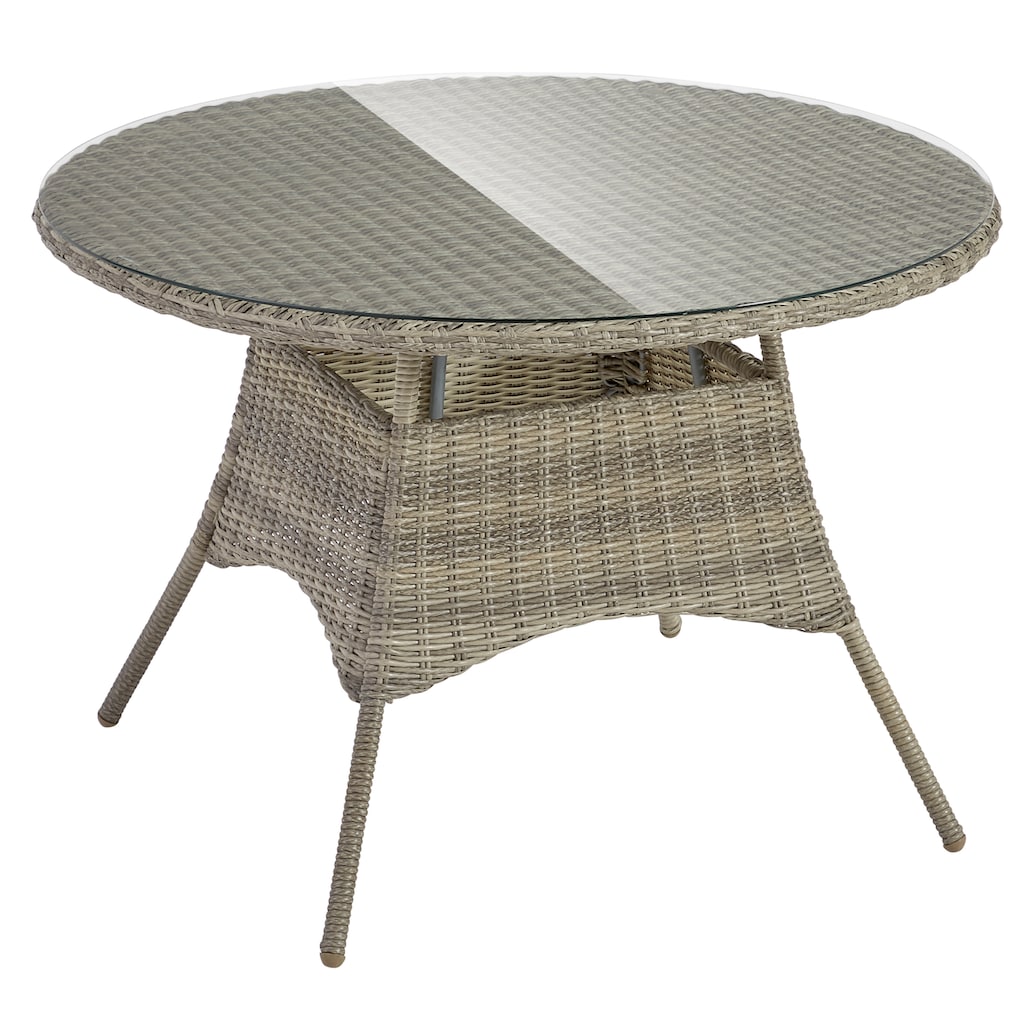 KONIFERA Garten-Essgruppe »Venedig«, (Set, 5 tlg., 4x Sessel, 1x Tisch Ø120 cm, inkl. Auflagen, Aluminium, Polyrattan), Tischplatte aus 5mm starkem Sicherheitsglas, Hellgrau