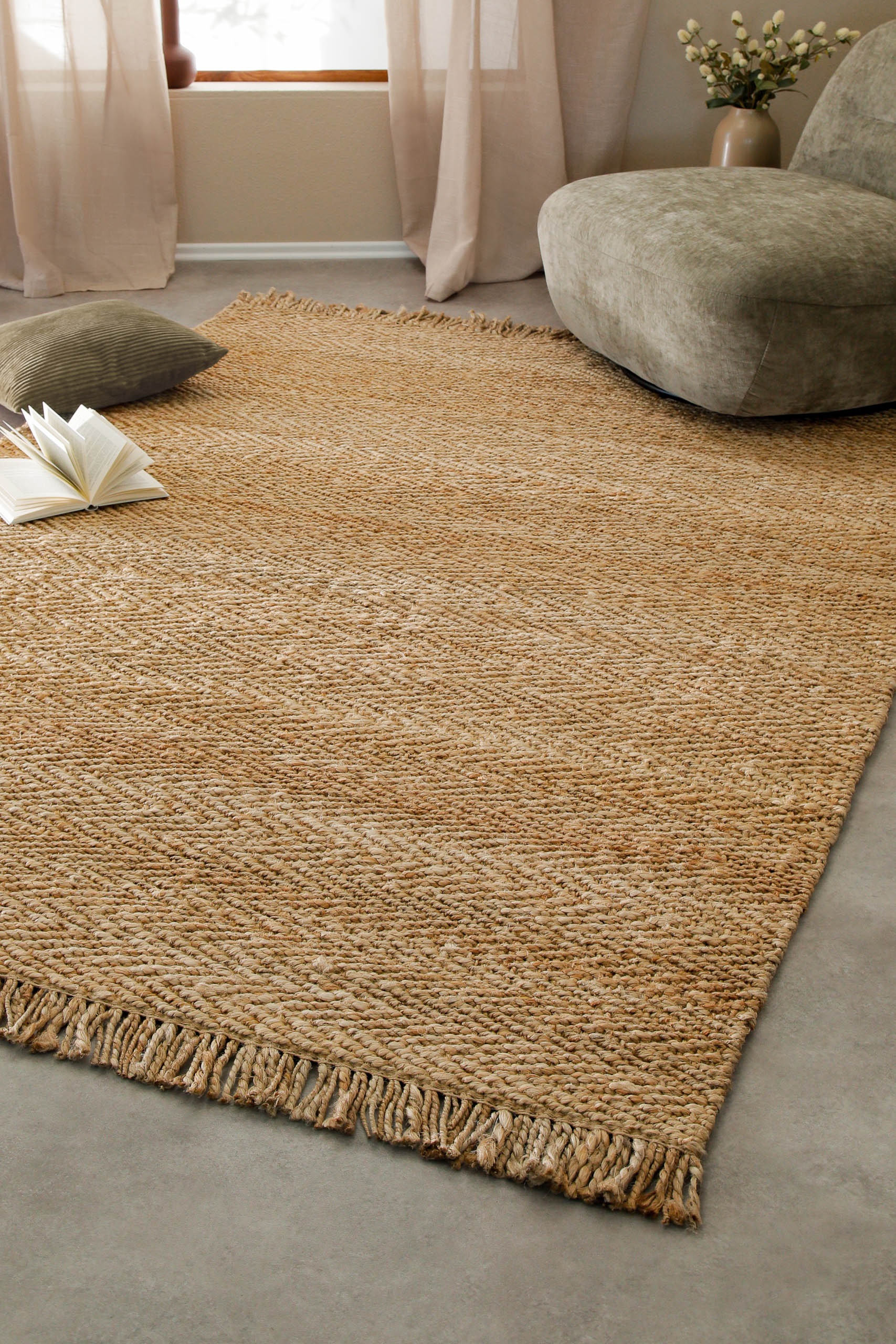 Green Looop Teppich »Dhurry«, rechteckig, 12 mm Höhe, handgewebt, robust, strapazierfähig, Jute, Natur, Wohnzimmer