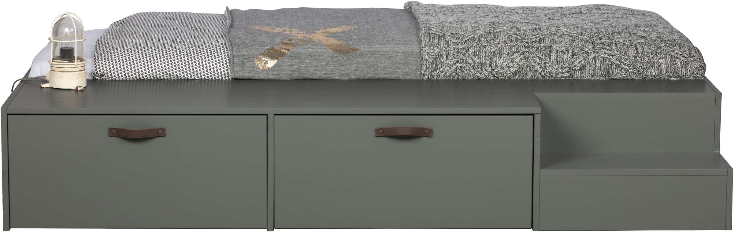 WOOOD Stauraumbett »Stage Massivholz FSC®-Kiefernholz mit Trittstufen 204 x 131 x 35 cm« Rollauszüge mit Ledergriff, breite Holzkante, Matratzenmaß 80x200 cm