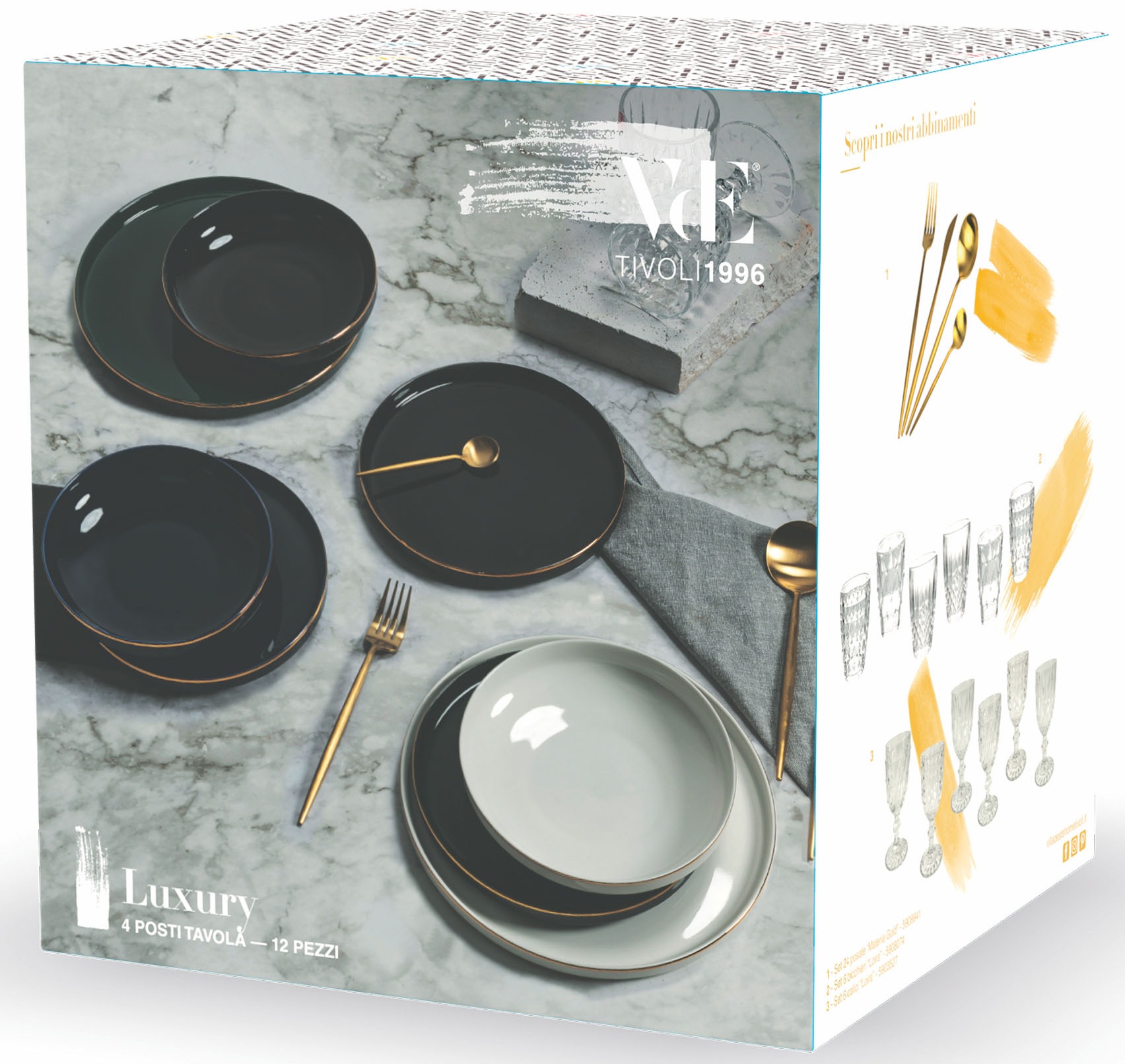 Villa d'Este Teller-Set »Geschirr-Set Luxury Black«, (Set, 12 tlg.), Service, Tafelservice, mit Goldrand, 12 Teile, für 4 Personen