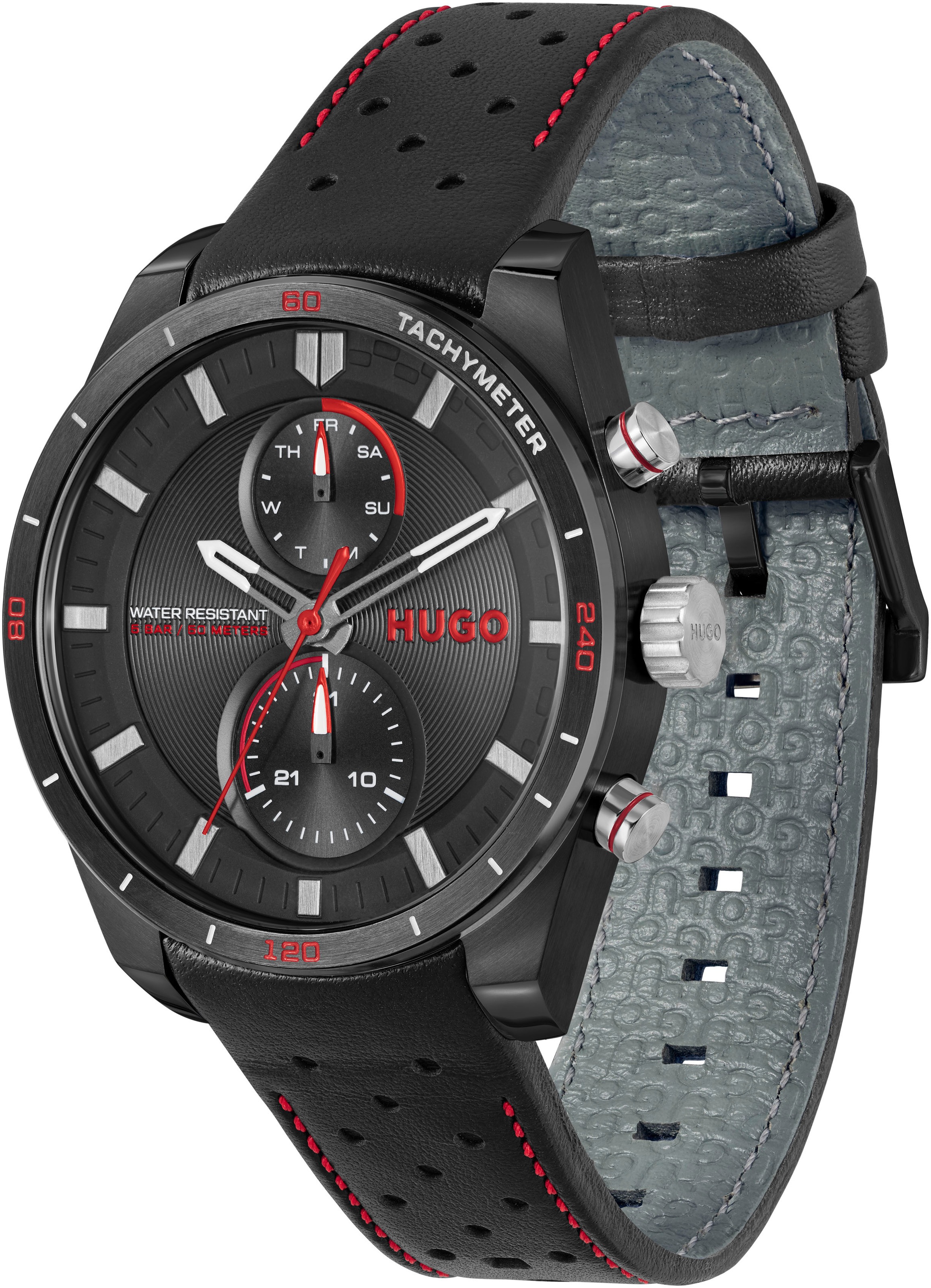 HUGO Multifunktionsuhr »#FAST«, Armbanduhr, Quarzuhr, Herrenuhr, Datum, Lederarmband