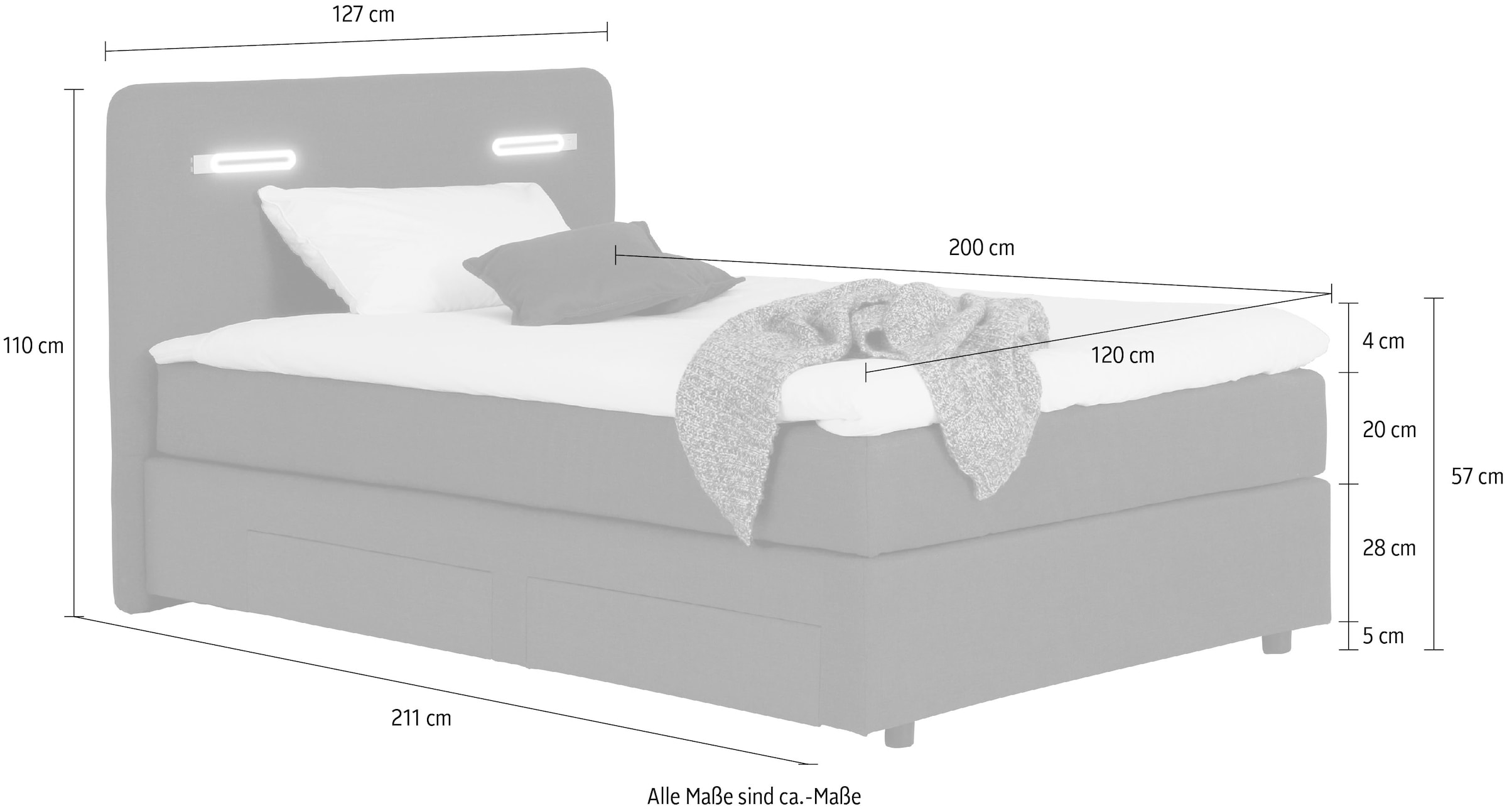 INOSIGN Boxbett »Luan«, Schubkästen, LED-Beleuchtung und Topper, in Breite 120 cm und 180 cm