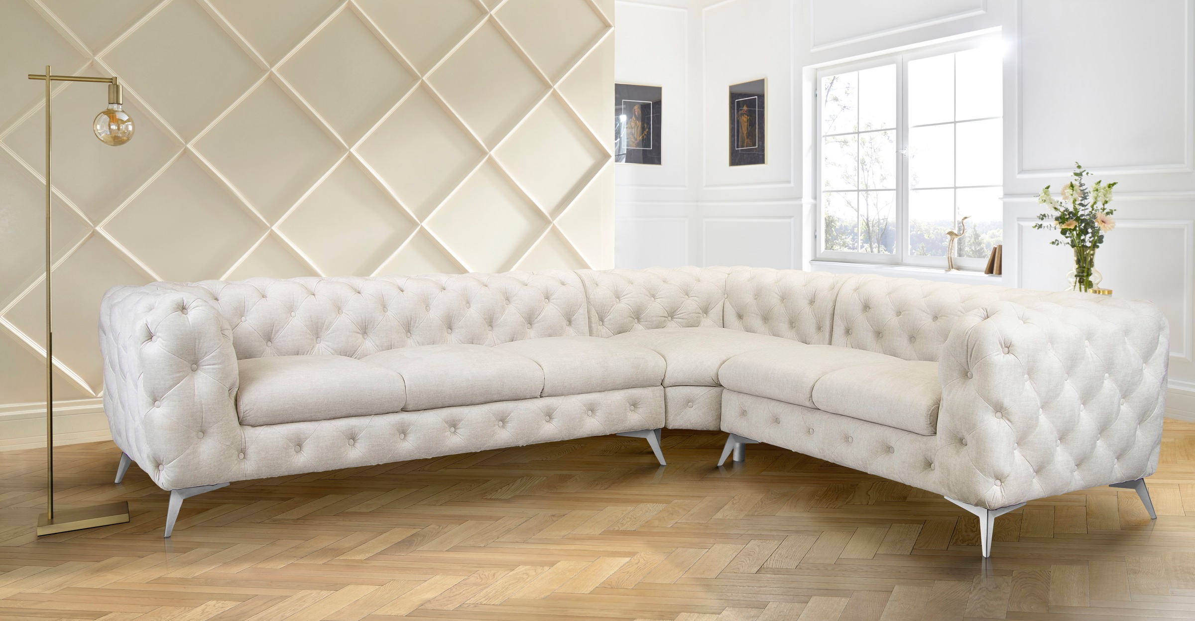 Leonique Chesterfield-Sofa »Glynis L-Form«, aufwändige Knopfheftung, moderne Chesterfield Optik, Fußfarbe wählbar