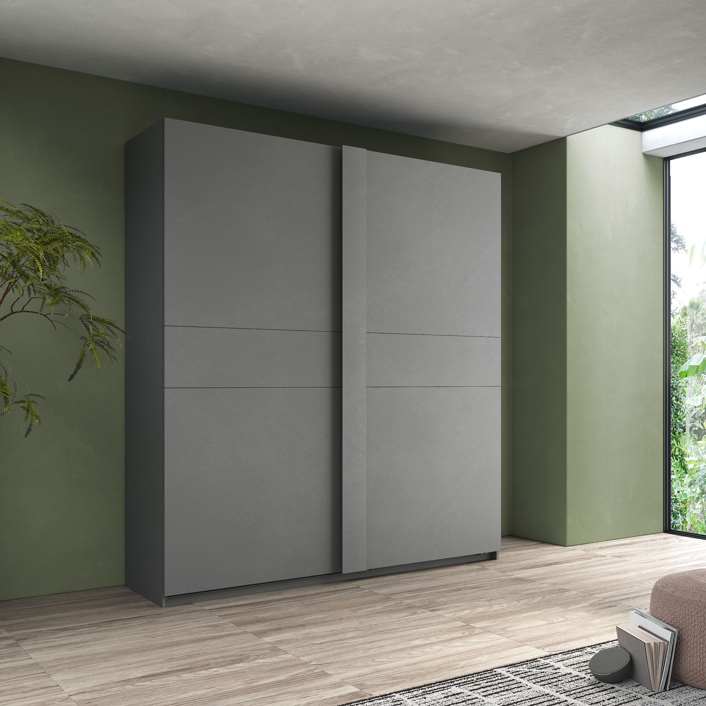 INOSIGN Schwebetürenschrank »Jupiter, Schiebetürenschrank in Steingrau« 2 Breiten, moderne Griffblende, Metallgriffleisten, 22 mm Böden