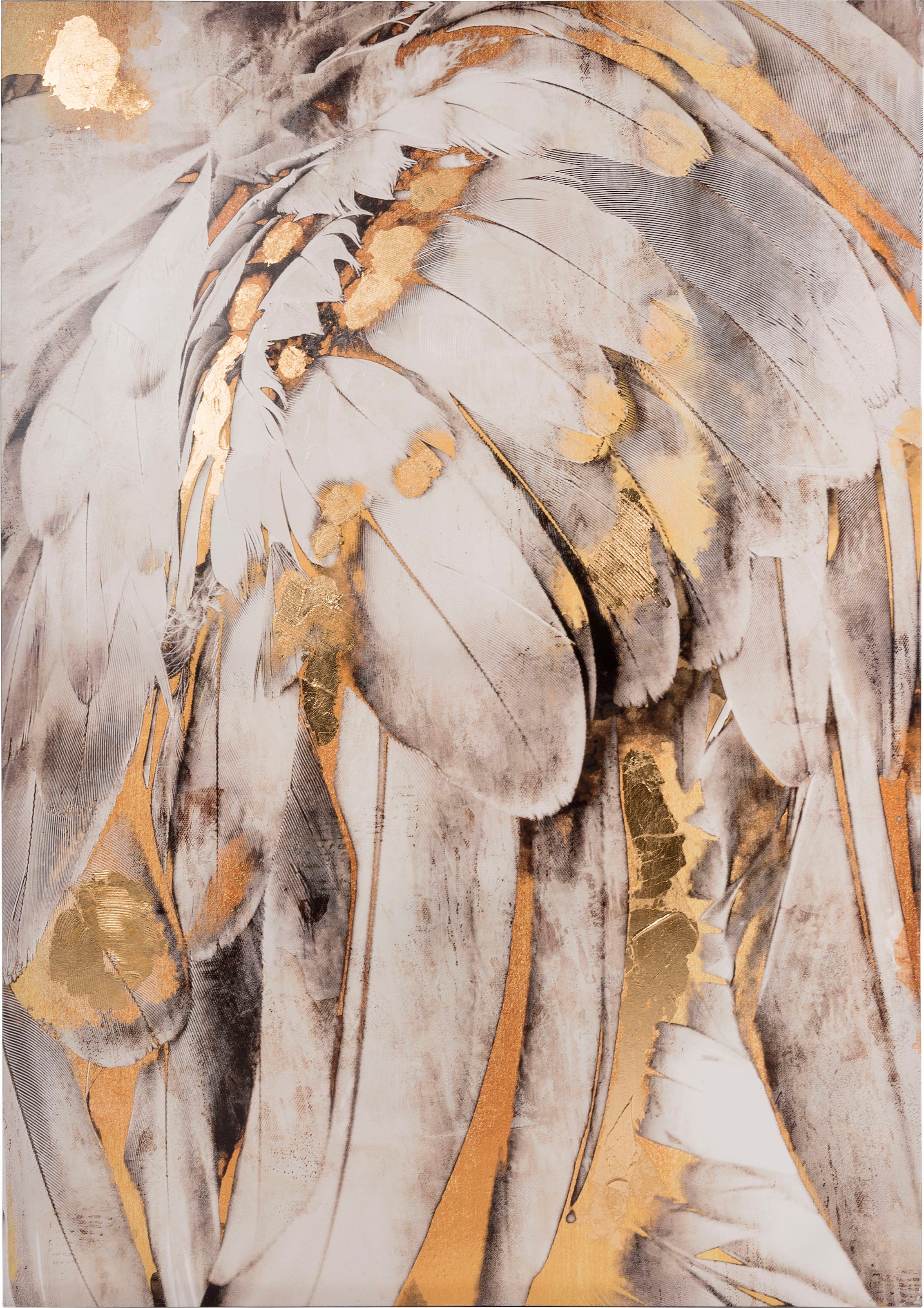 Myflair Möbel & Accessoires Ölbild »Gemälde Federn, weiß/goldfarben«, Bild  auf Leinwand, 80x120 cm, Wohnzimmer auf Rechnung kaufen