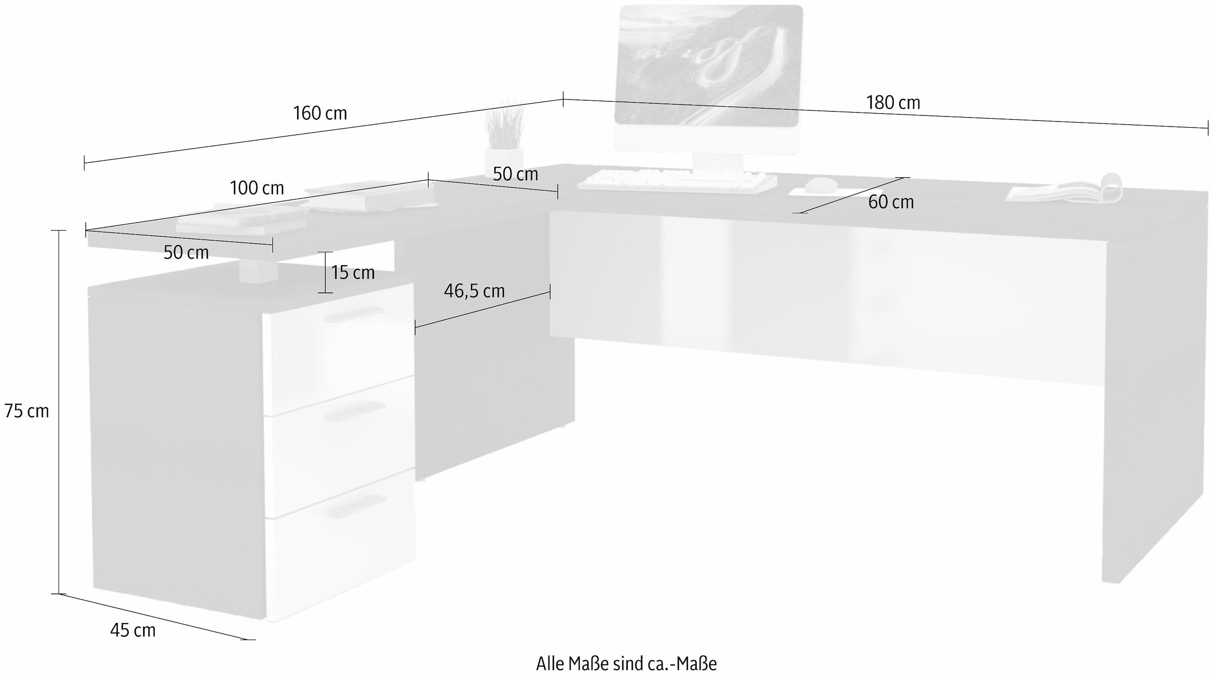 INOSIGN Eckschreibtisch »New Selina«, Schreibtisch mit 3 Schubkästen, Maße 180/100x60x75 cm, Made in Italy