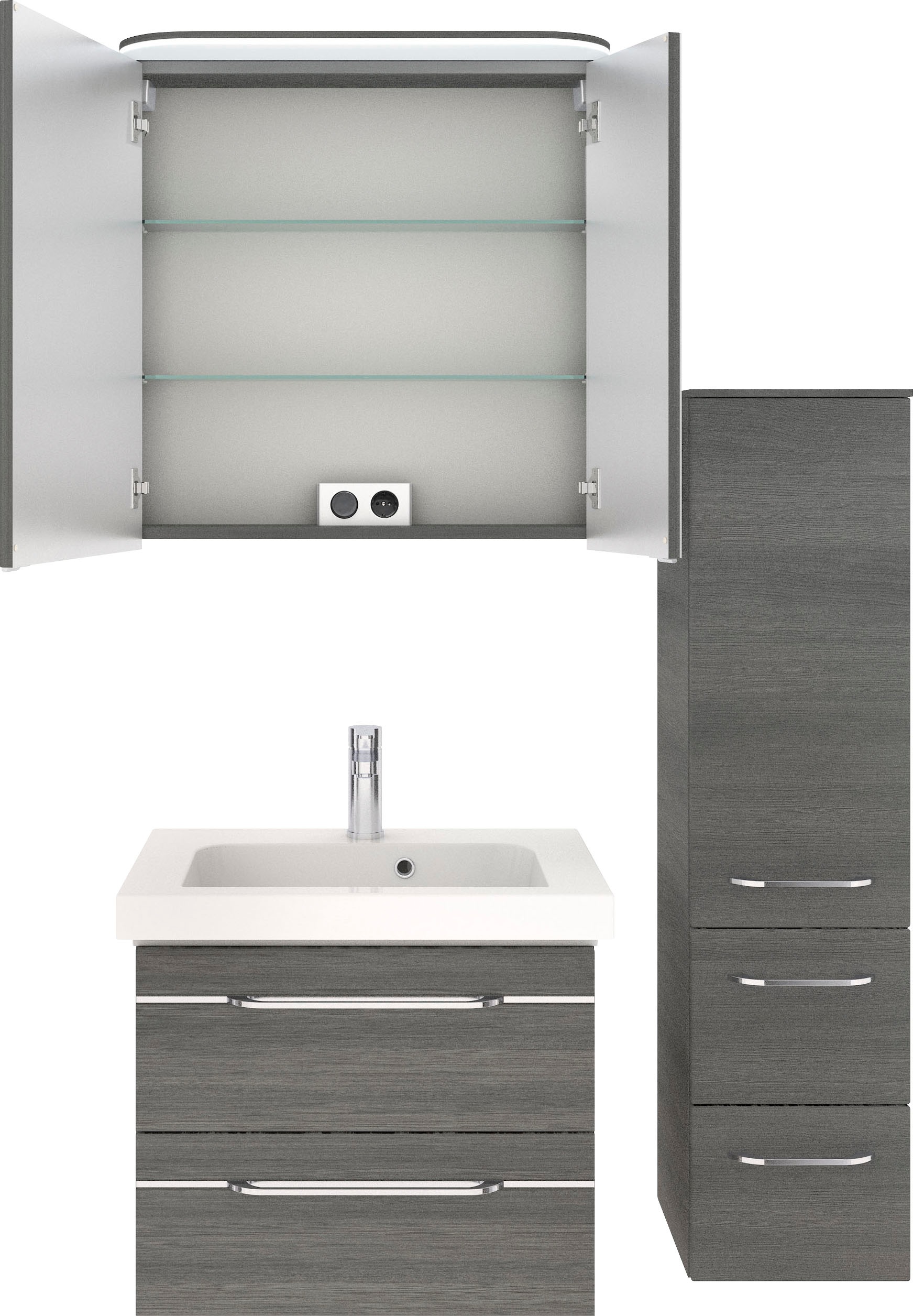 Saphir Badmöbel-Set »Balto Sprint 3-teilig, Mineralmarmor-Waschtisch mit LED-Spiegelschrank«, (4 St.), inkl. Türdämpfer, 100 cm breit, mit Midischrank, 3 Türen, 4 Schubladen