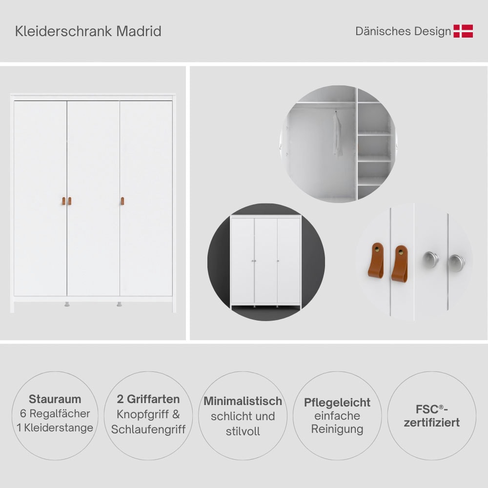 Home affaire Kleiderschrank »Madrid, Drehtürenschrank, Aufbewahrung Kasten Schrank Stauraum« 3türiger Schrank mit 5 Einlegeböden und Kleiderstange, Breite 150 cm