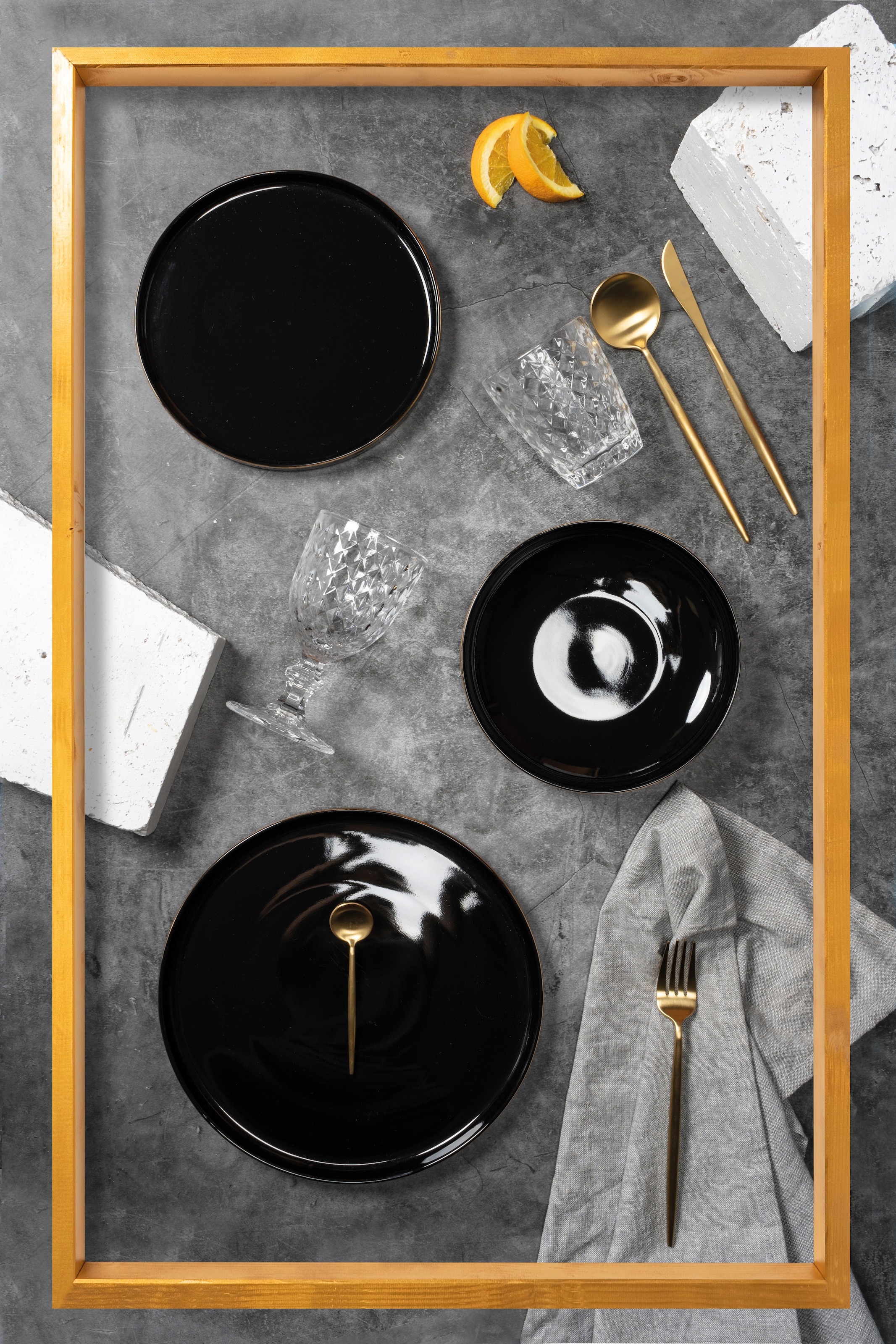 Villa d'Este Teller-Set »Geschirr-Set Luxury Black«, (Set, 12 tlg.), Service, Tafelservice, mit Goldrand, 12 Teile, für 4 Personen
