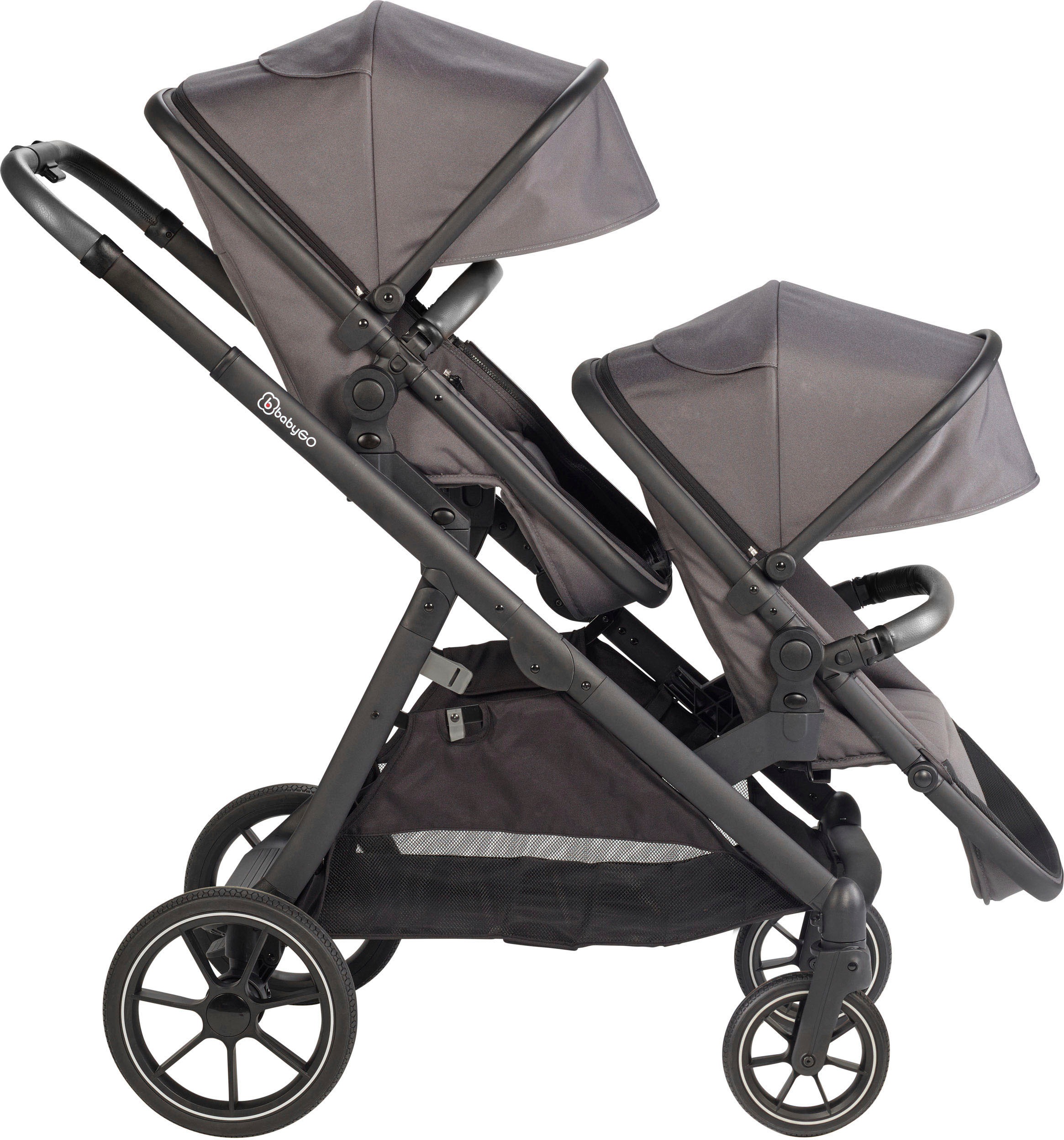 BabyGo Zwillings-Kombikinderwagen »Duo Ultra Set, grau«, inkl. 2 Babyschalen, 2 Isofix Base, Wickeltasche u. 2 Regenhauben