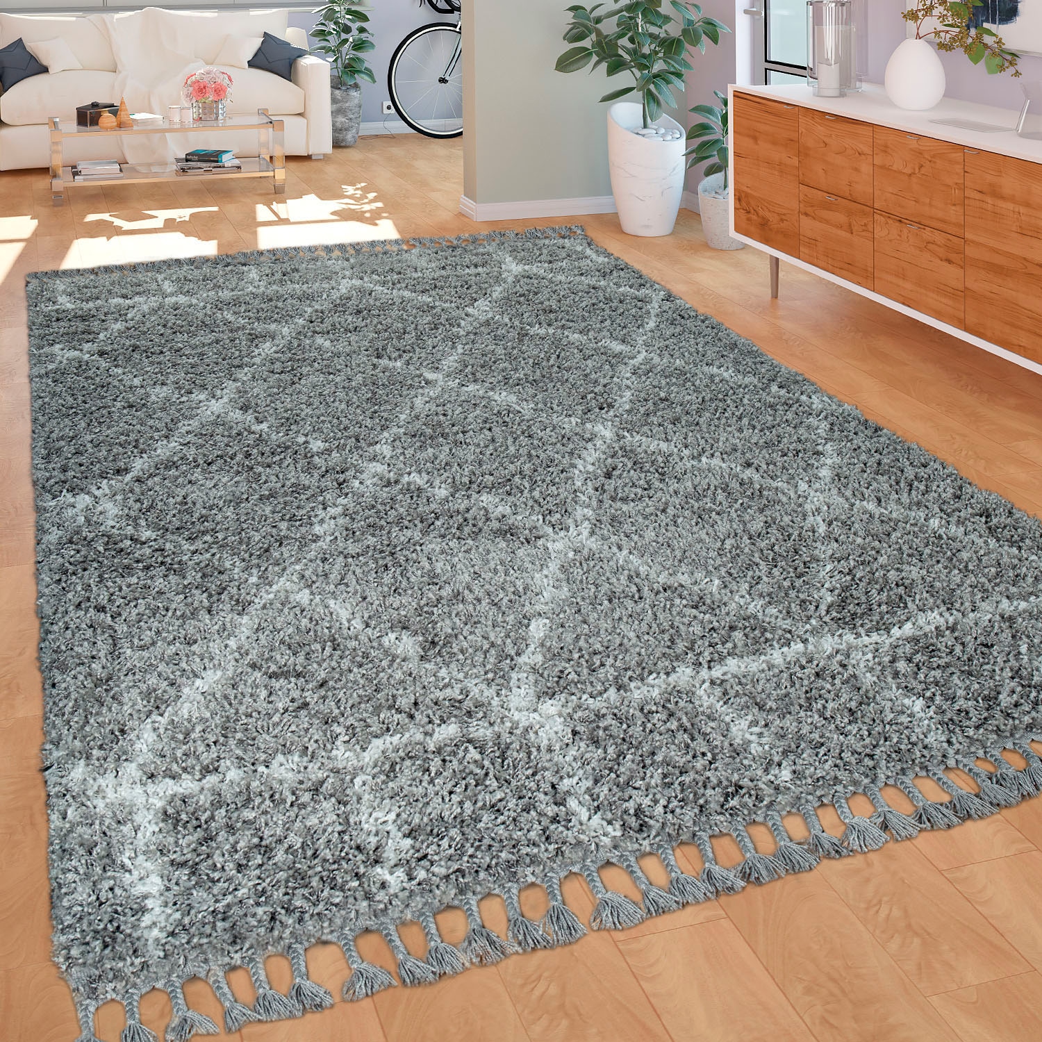 Paco Home Hochflor-Teppich »Nador 755«, rechteckig, 54 mm Höhe, weicher Shaggy mit Rauten Design und Fransen