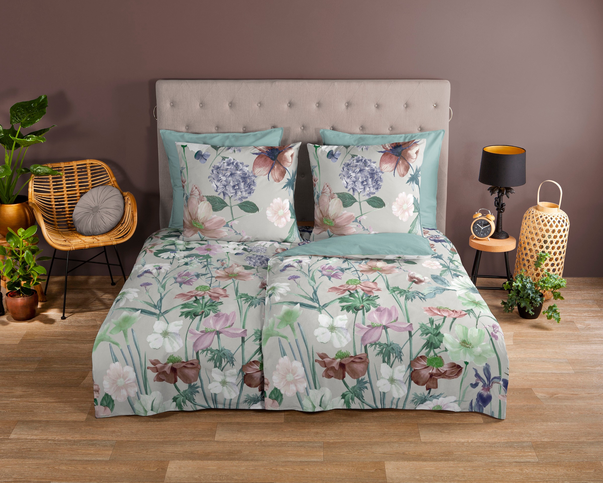 good morning Wendebettwäsche »Fina Flowers«, Baumwolle, 135x200, Reißverschluss, Wendeoptik, Blumen, Grau, Grün