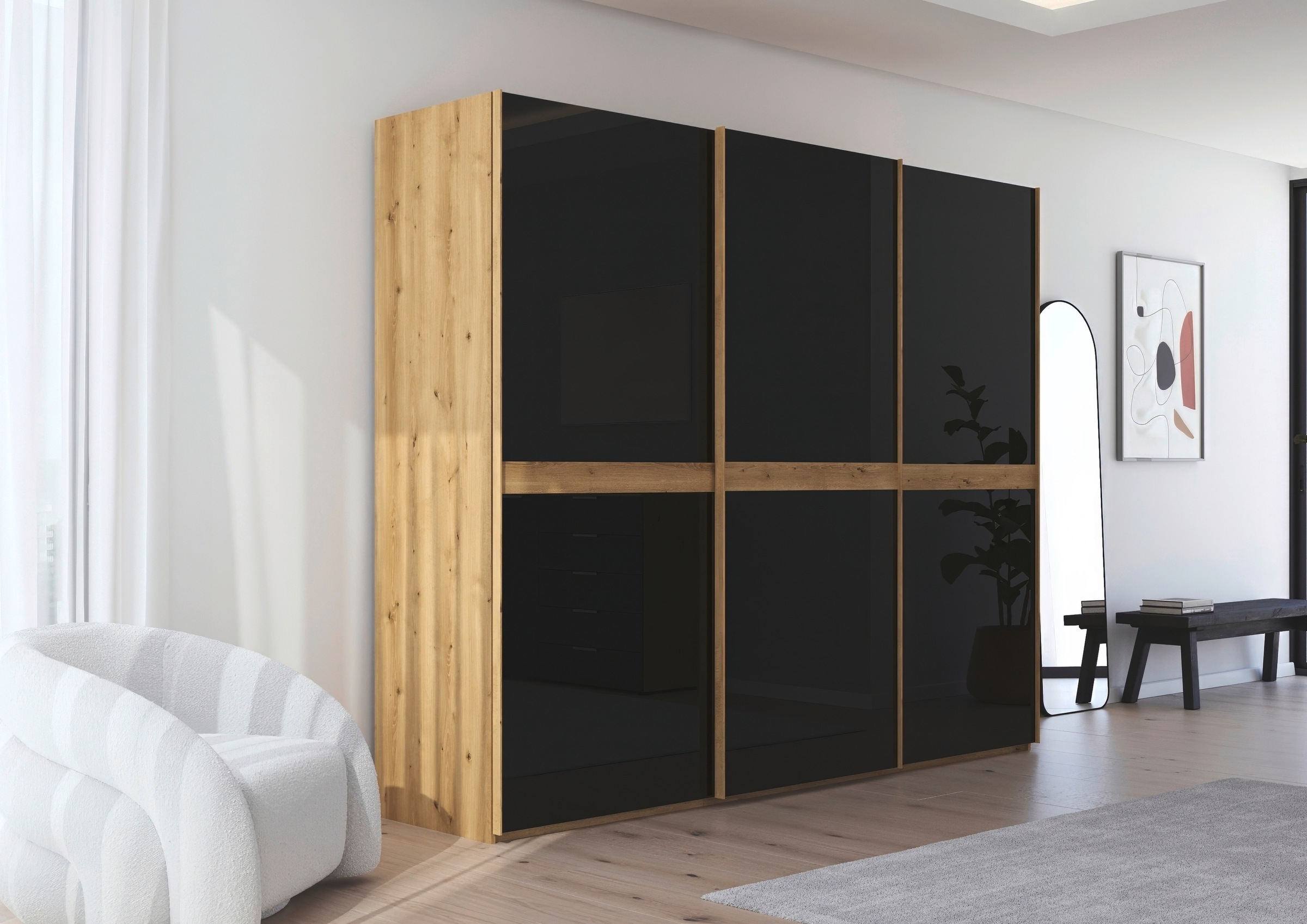 rauch Schwebetürenschrank »Kleiderschrank Schrank Garderobe Schlafzimmerschrank SCALE-LINE«, edle Optik mit Bauchbinde in Korpusfarbe mit Glasfront MADE IN GERMANY