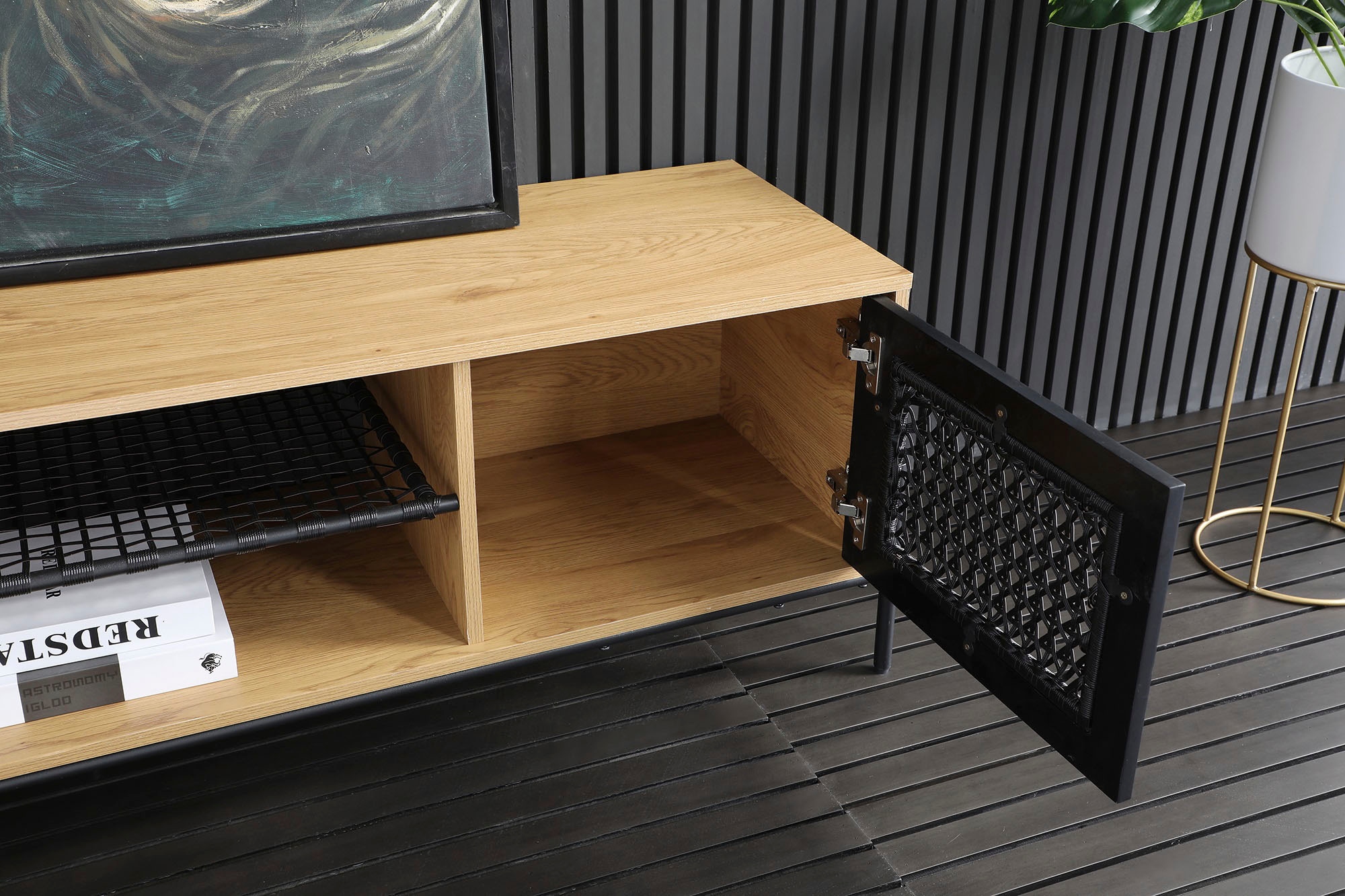 SalesFever Lowboard, Kommode mit mattschwarzem Einsatz aus Polyrattan, Fernsehtisch