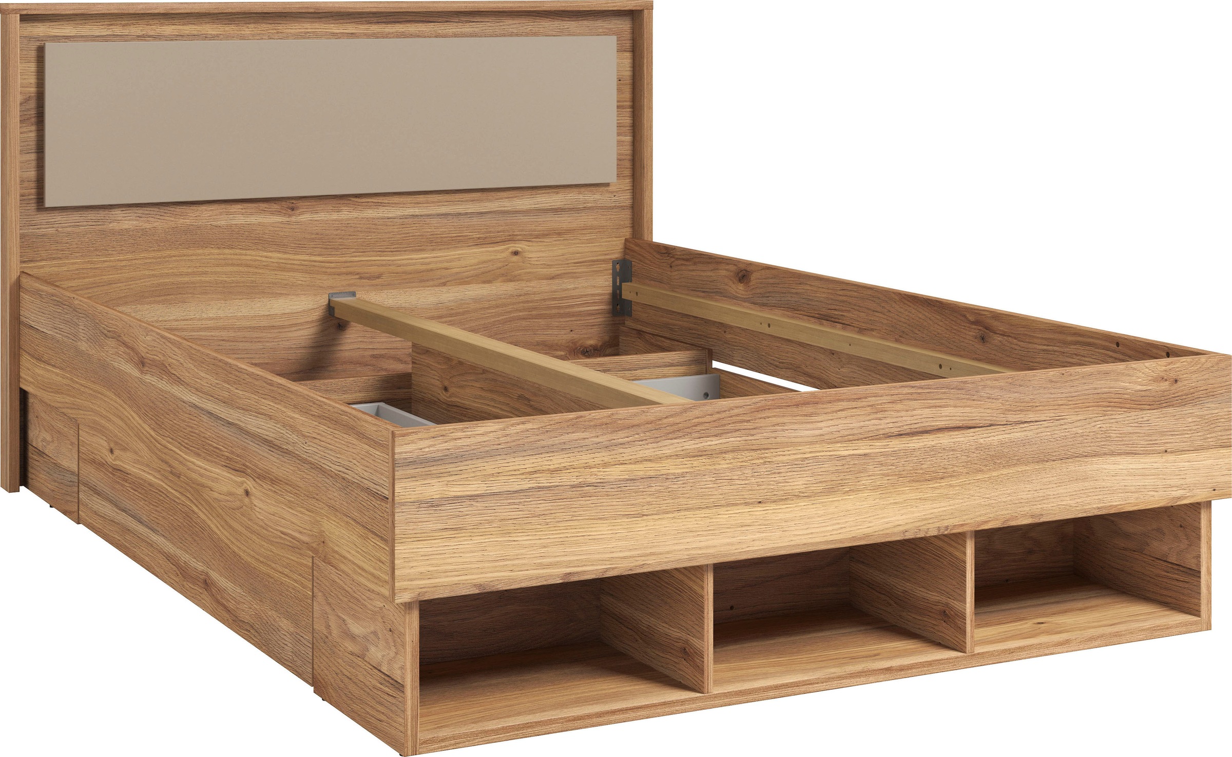 Home affaire Bettgestell »Wharton, 140, 160 oder 180cm Breite, Made in Europe«, (mit oder ohne Stauraumschubladen), Doppelbett mit offenen Regalen, FSC-zertifizierter Holzwerkstoff