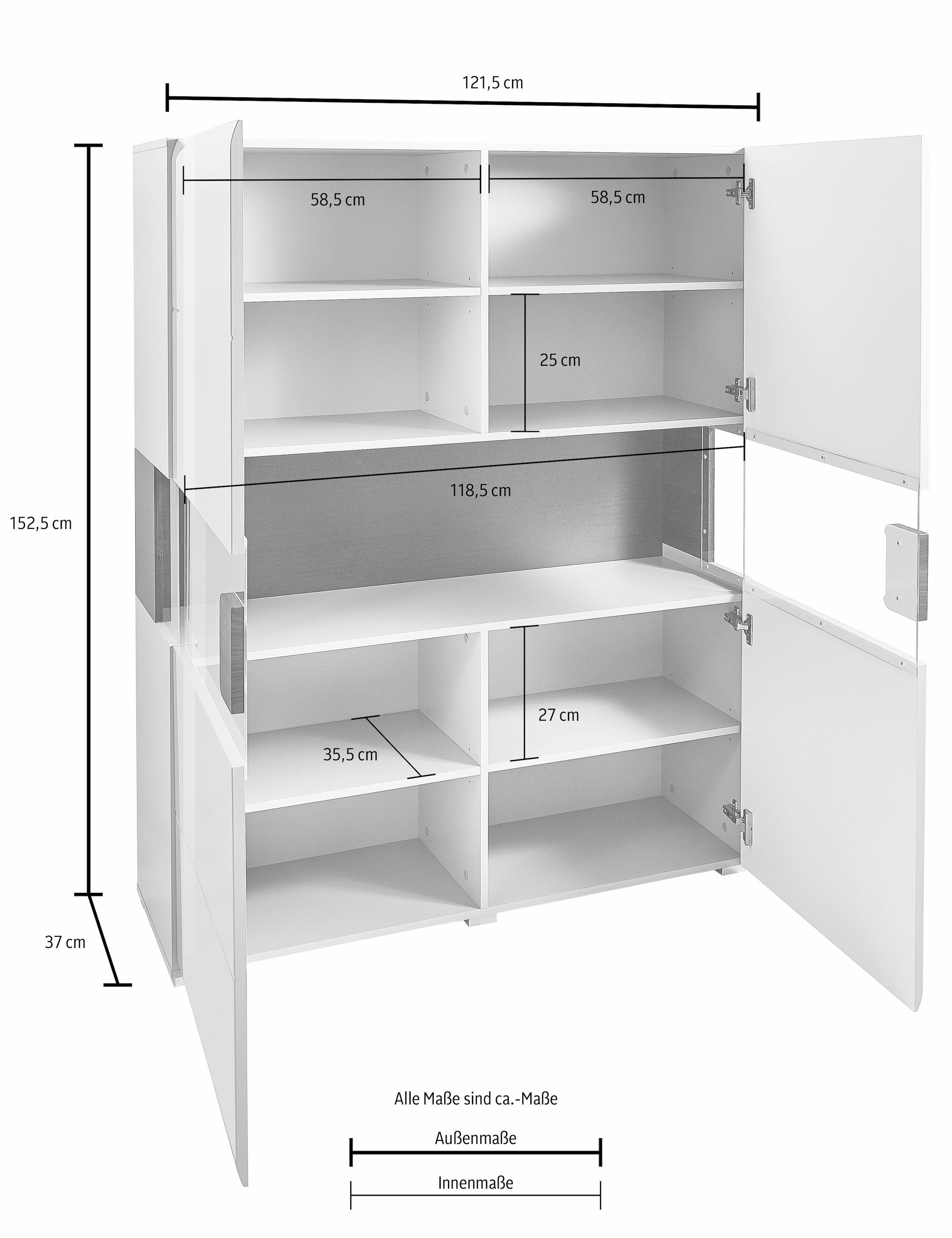 INOSIGN Highboard »Toledo,Breite 121,5 cm, trendige Hochkommode mit 2 Türen«, Hochschrank mit Glas-Partien,stylische Hochglanzfronten