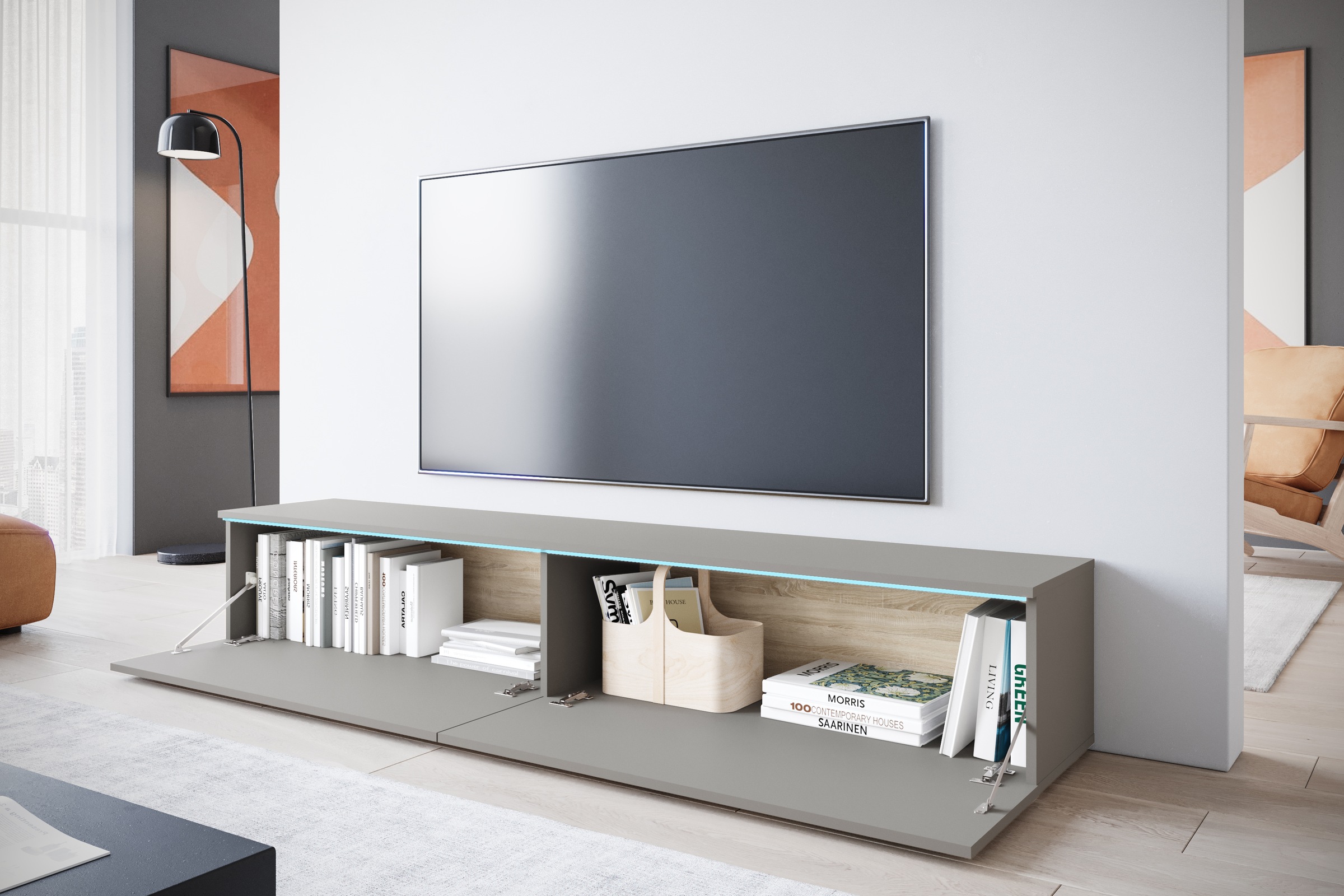 INOSIGN Lowboard »LOWBOARD VERA, wahlweise mit oder ohne Beleuchtung«, Modernes griffloses TV-Board, 180 cm TV-Schrank, stehend und hängend