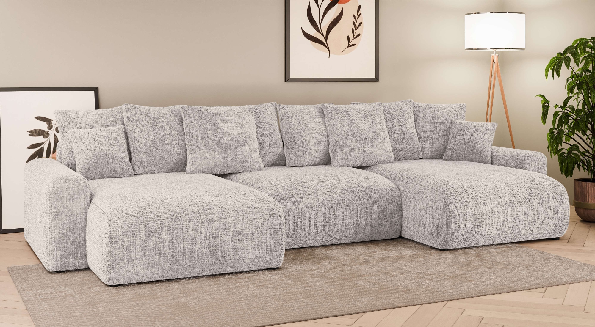 Home affaire Wohnlandschaft »LAKESIDE mit Bettfunktion und Bettkasten, Maße B/T/H: 332,5/142/84 cm«, U‑Form mit vielen Kissen und Wellenunterfederung