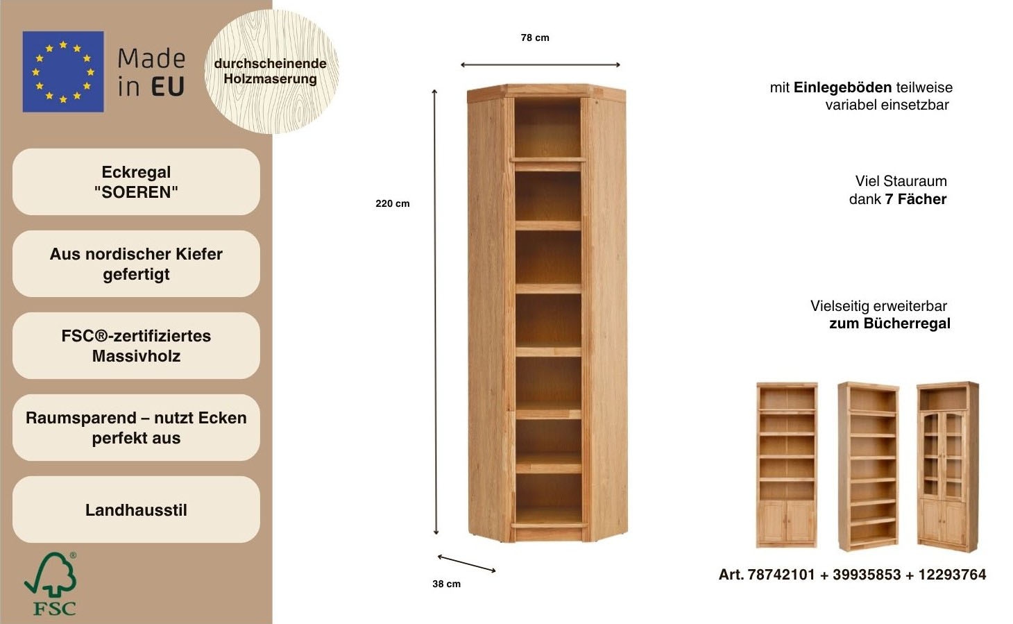 Home affaire Eckregal »Soeren« aus massiver Kiefer, in 2 Höhen, mit viel Stauraum, FSC®-zertifiziert