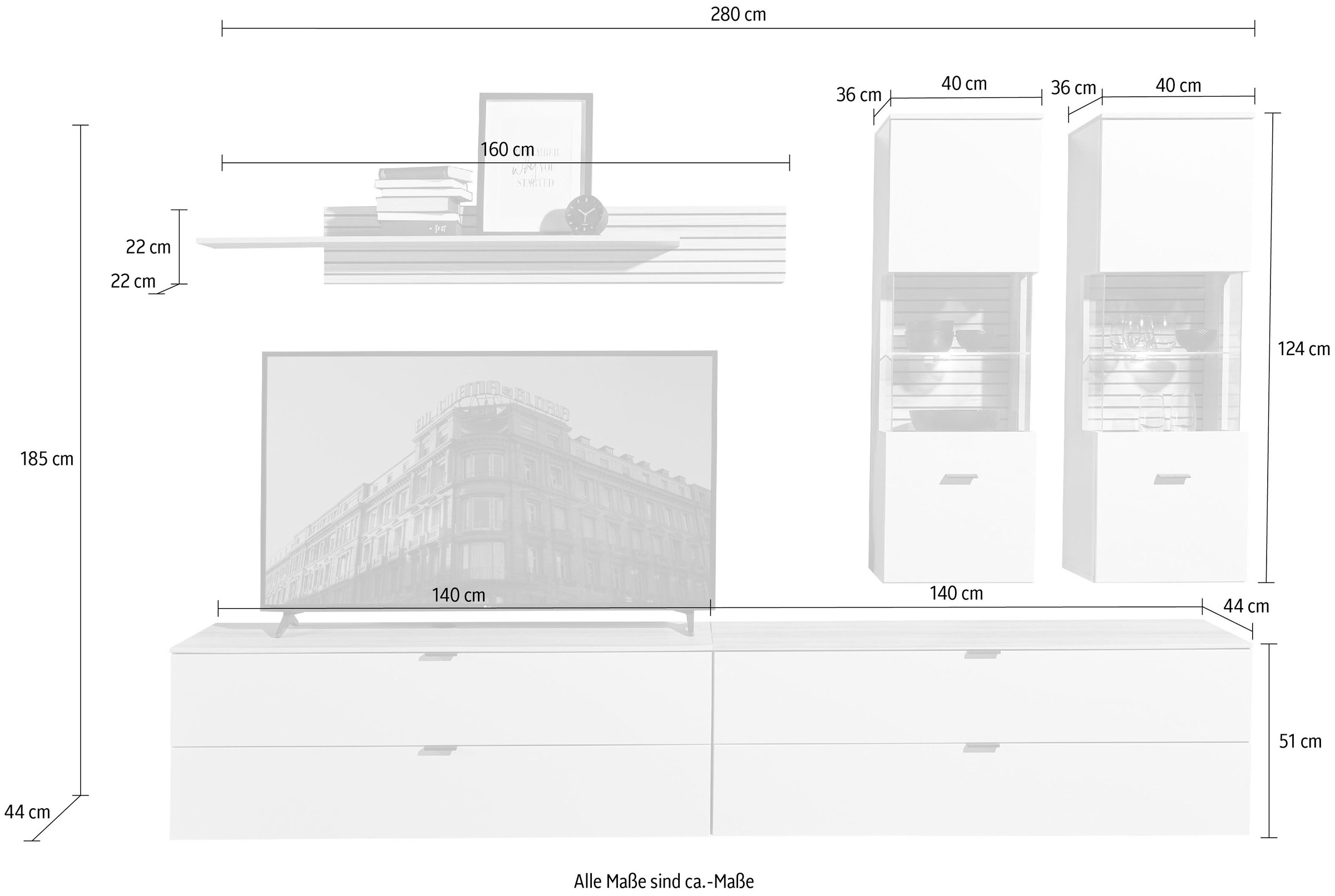 Innostyle Wohnwand »Ina Wohnwand,  280x185x44 cm (B/H/T)« 5 Stk. tlg.