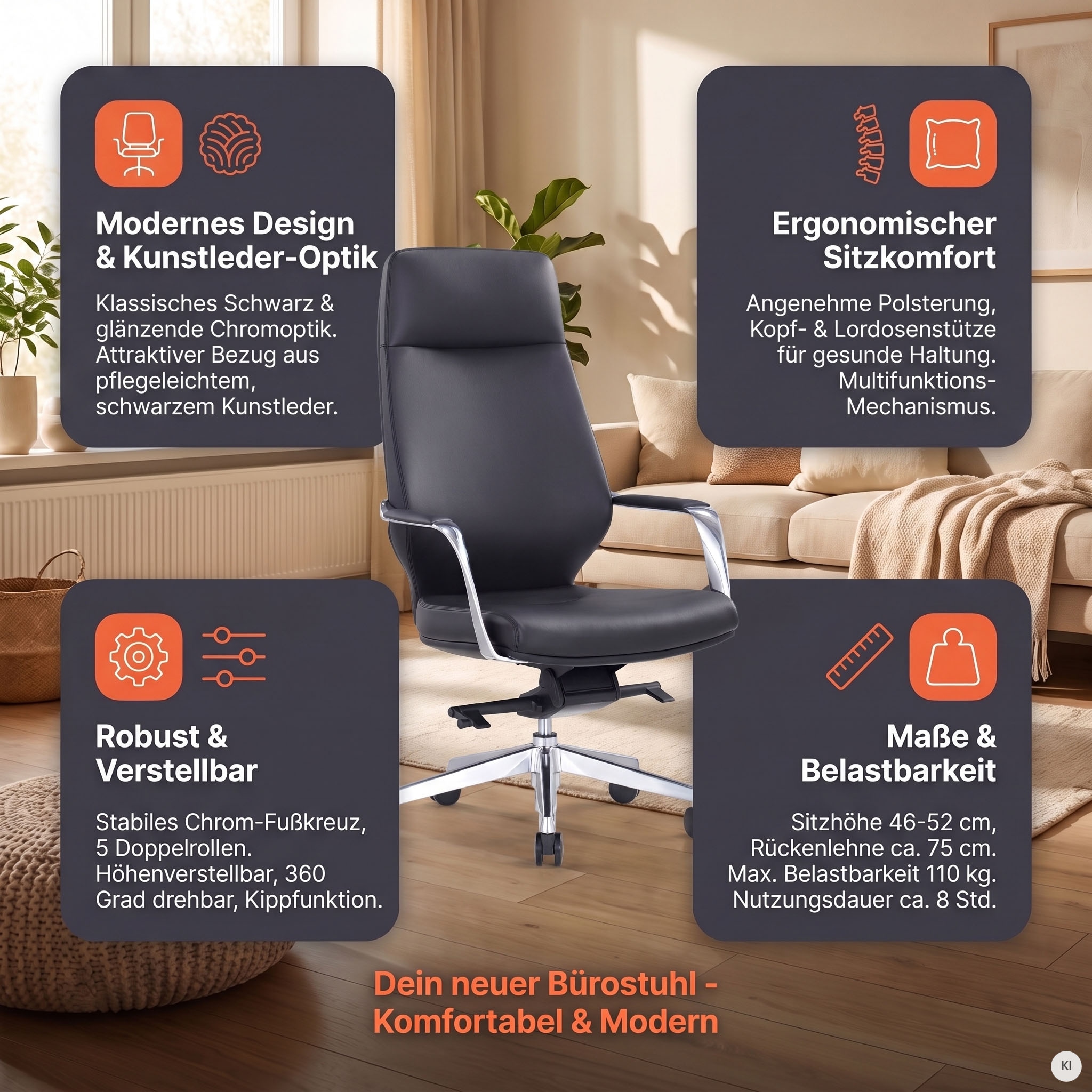 SalesFever Drehstuhl »mit Stil und Komfort« () Ergonomischer Bürostuhl mit pflegeleichtem Kunstlederbezug