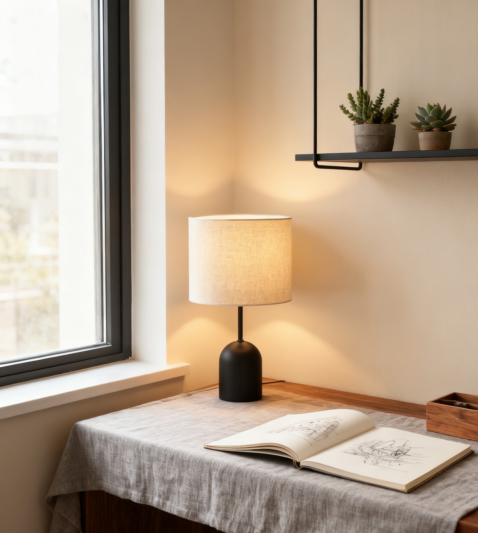 OTTO home Tischleuchte »Charleen« E27 1 Stk. LED max. 6 Watt, Metallfuß, Leinenschirm Ø 23 cm