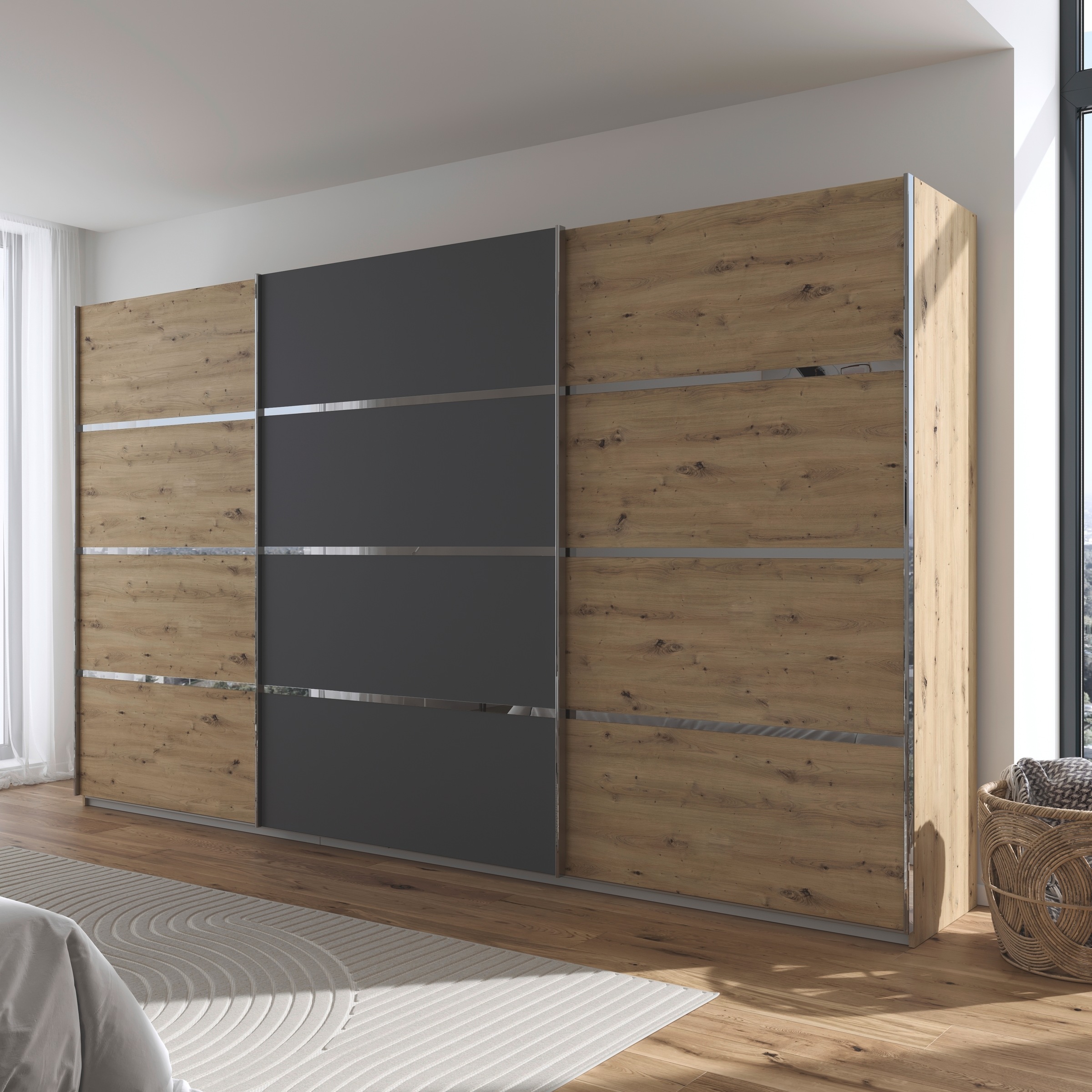 rauch Kleiderschrank »Schwebetürenschrank OTTO´s Choice Garderobe Schrank TOP ANGEBOT Avola«, (in 3 verschiedenen Ausstattungen BASIC/CLASSIC/PREMIUM), mit eleganten Zierleisten in Chrom, Schwarz oder Weiß MADE IN GERMANY