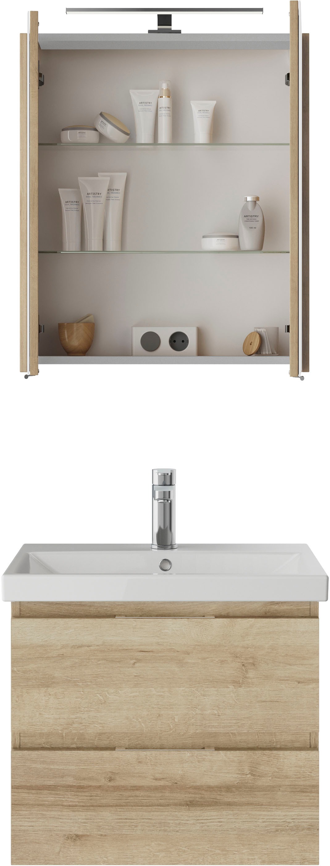 Saphir Badmöbel-Set »Serie 4035 2-teilig, Keramikwaschtisch mit LED-Spiegelschrank«, (Set), 60 cm breit, inkl. Türdämpfer, 2 Schubladen, 2 Türen, 2 Einlegeböden