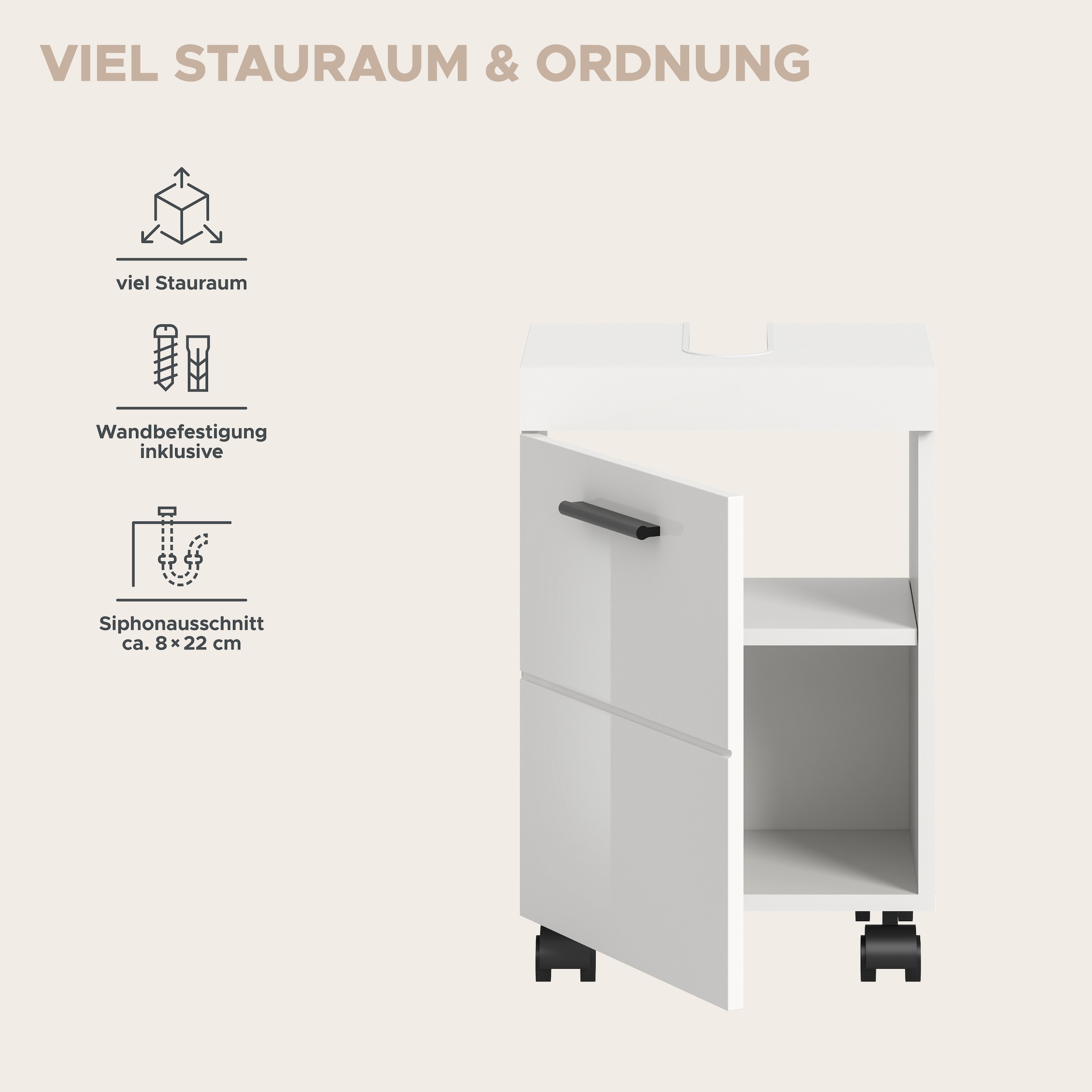 welltime Waschbeckenunterschrank »AVON, Breite 40 cm, 1 Tür, 1 Einlegboden, 2 Fächer« mit Siphonausschnitt 22x8 cm, Rückwand mit Ausschitt,  Badmöbel, Badschrank, Unterschrank, Waschtisch, Kommode, Bad