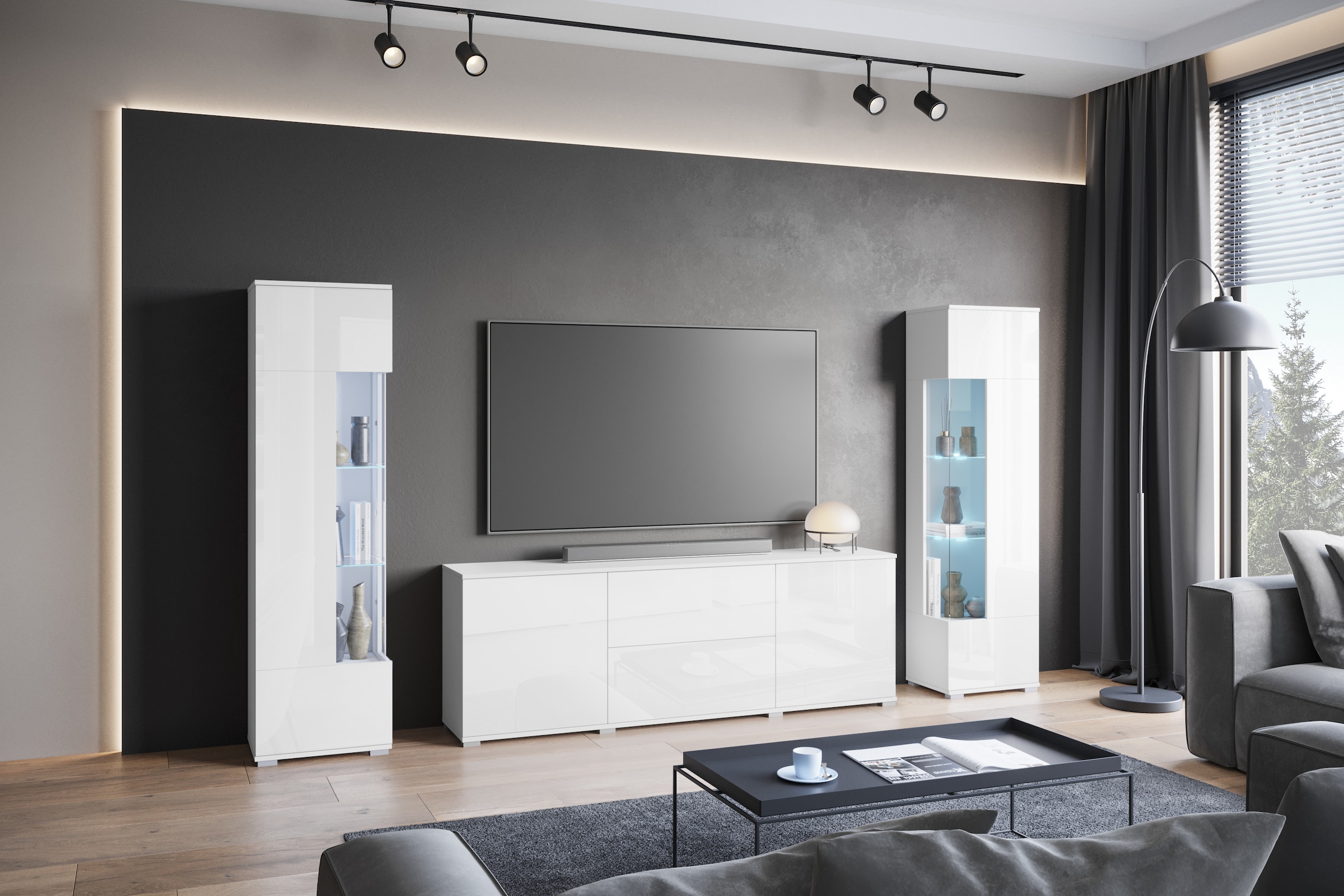 INOSIGN Wohnwand »KENIA«, (Komplett-Set, 3 St.), Vitrinen mit Eckverglasung, hängend und stehend montierbar